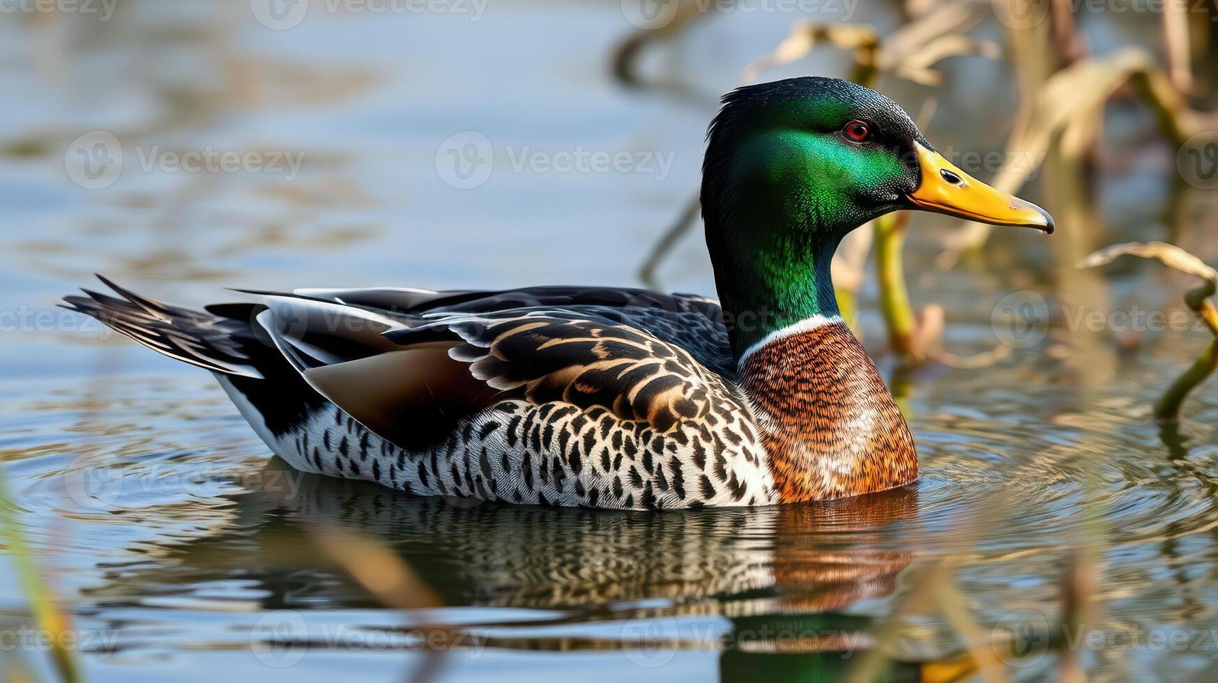 Male mallard duck swims gracefully in a serene wetland environment during daylight hours photo