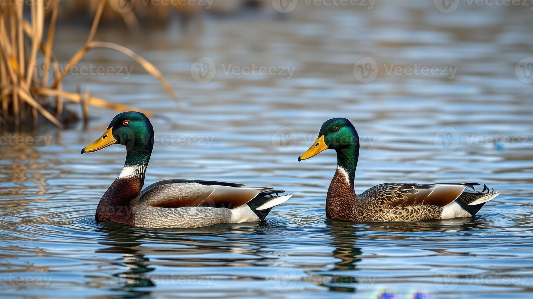 Mallard ducks swimming together in a tranquil pond surrounded by reeds during daylight photo
