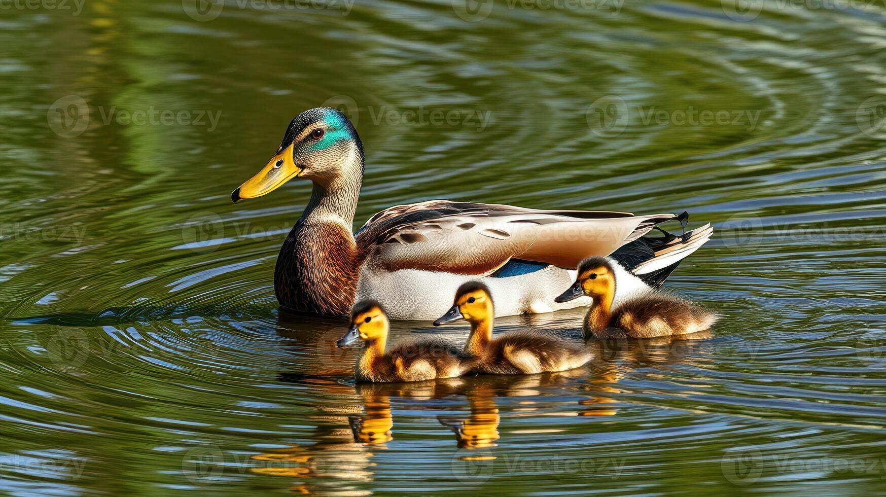 Mother duck swims with four ducklings in a tranquil pond on a sunny day surrounded by green vegetation photo