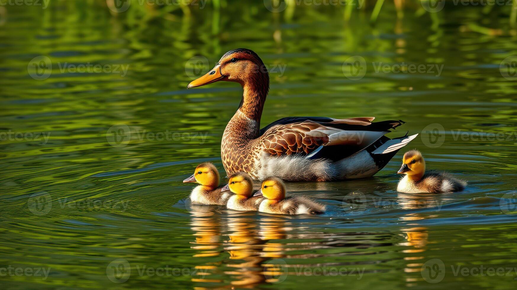 Mother duck swims gracefully with her fluffy ducklings on a serene lake surrounded by vibrant greenery photo
