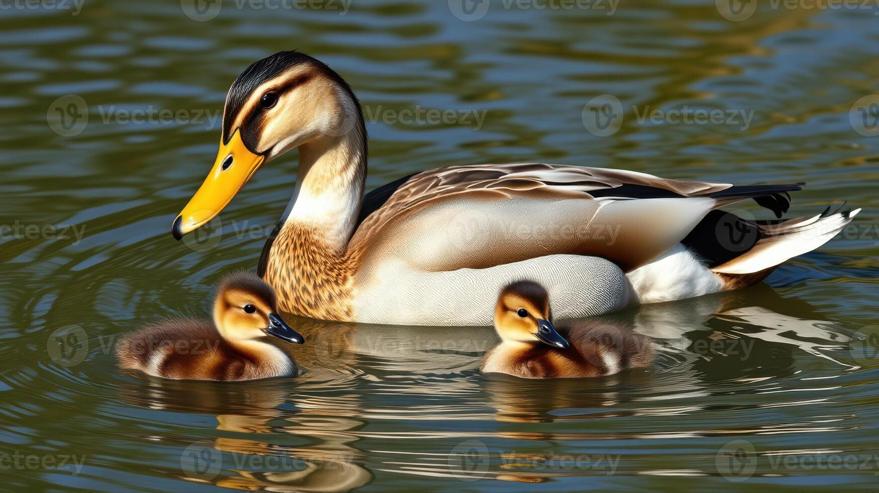 Mallard duck swims peacefully with ducklings in serene pond during sunny afternoon photo
