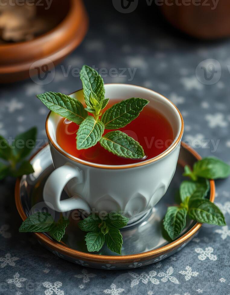 Fresh mint tea served in a white cup with a garnish of mint leaves on a textured background photo