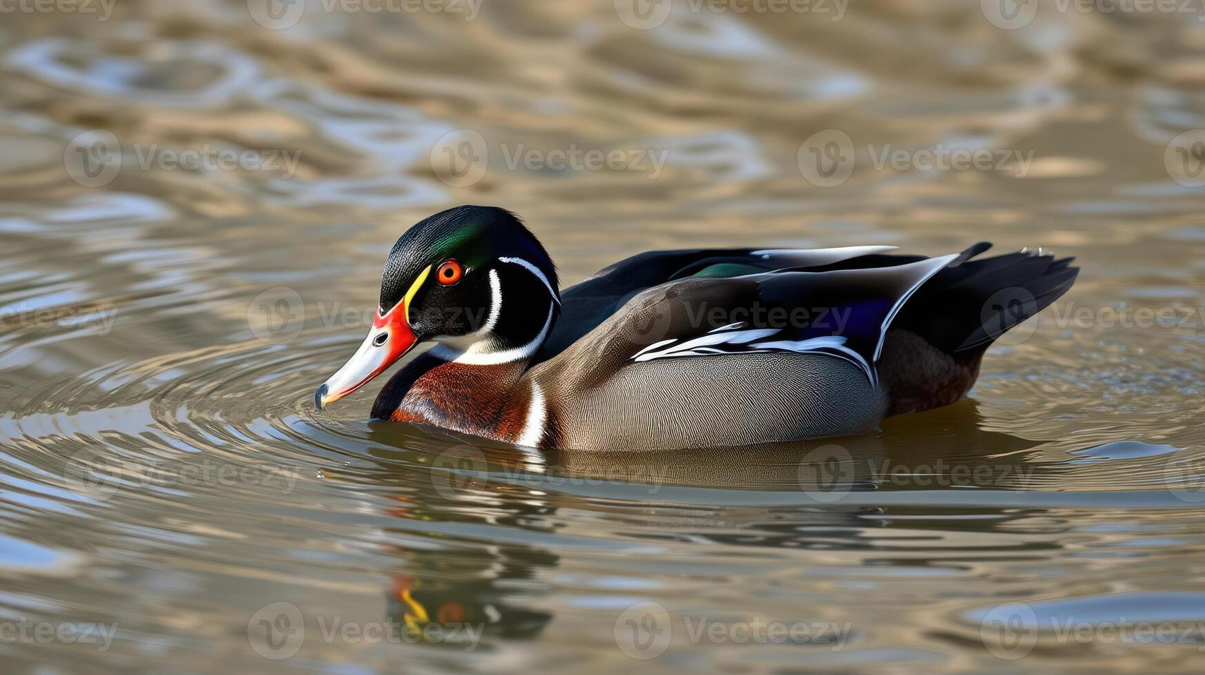 Wood duck swimming gracefully in a tranquil pond surrounded by gentle ripples at sunrise photo