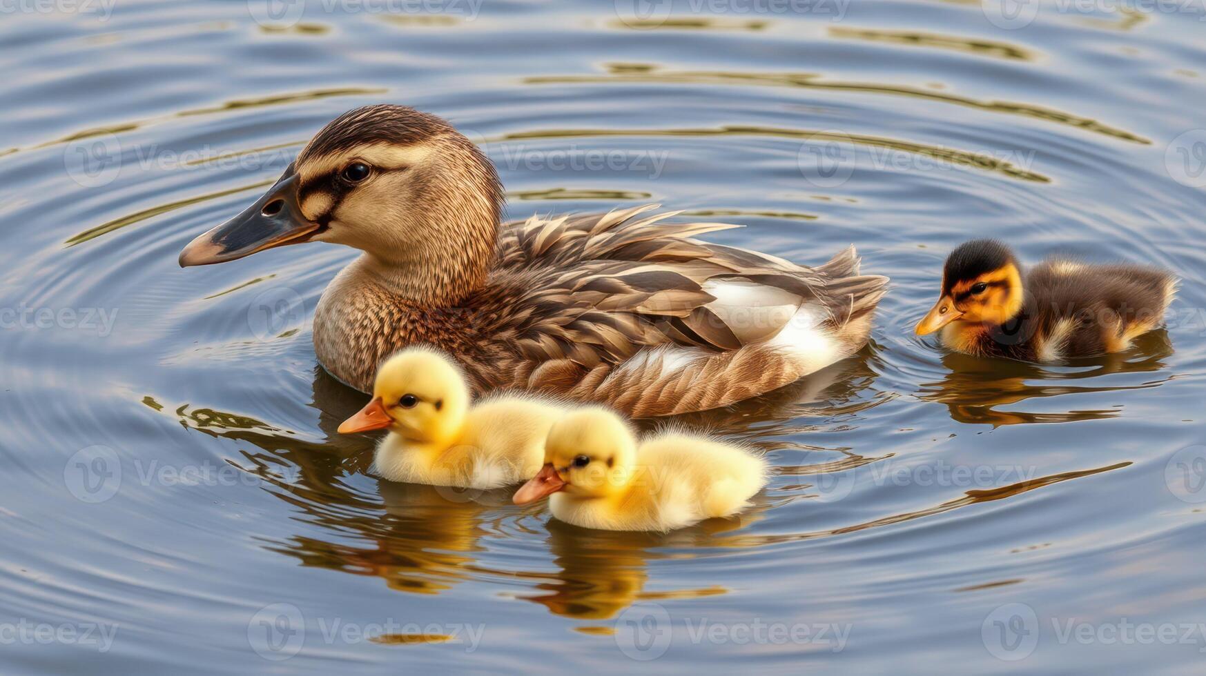 Duck with ducklings swimming in a serene pond during a sunny day photo