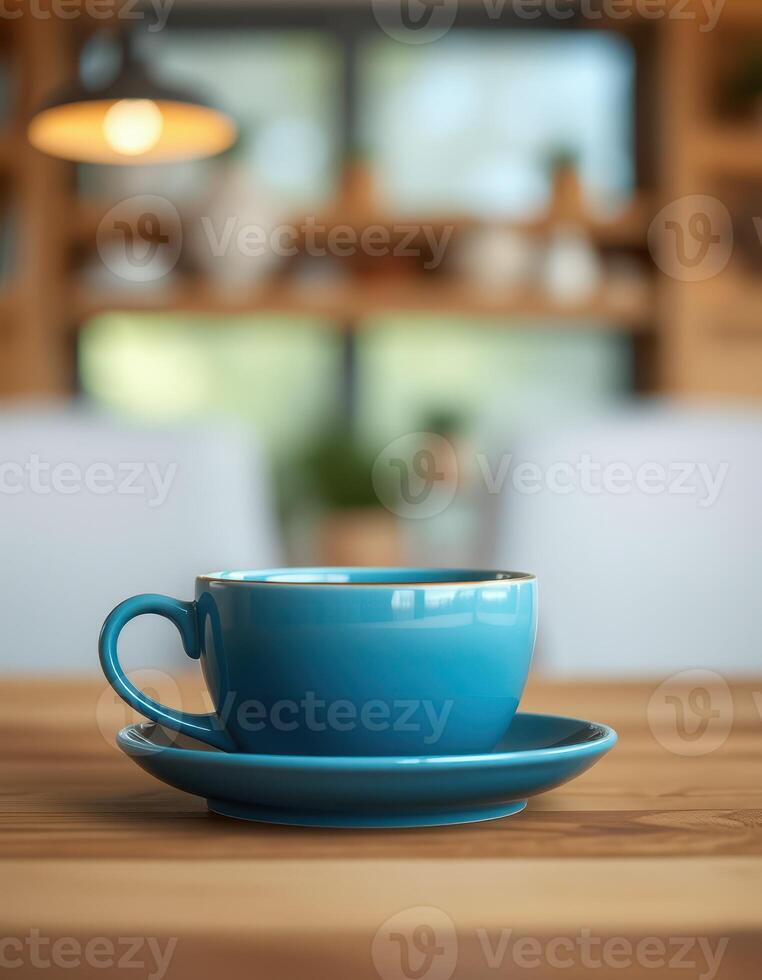Blue ceramic cup on a saucer positioned on a wooden table in a cozy cafe setting during daylight photo