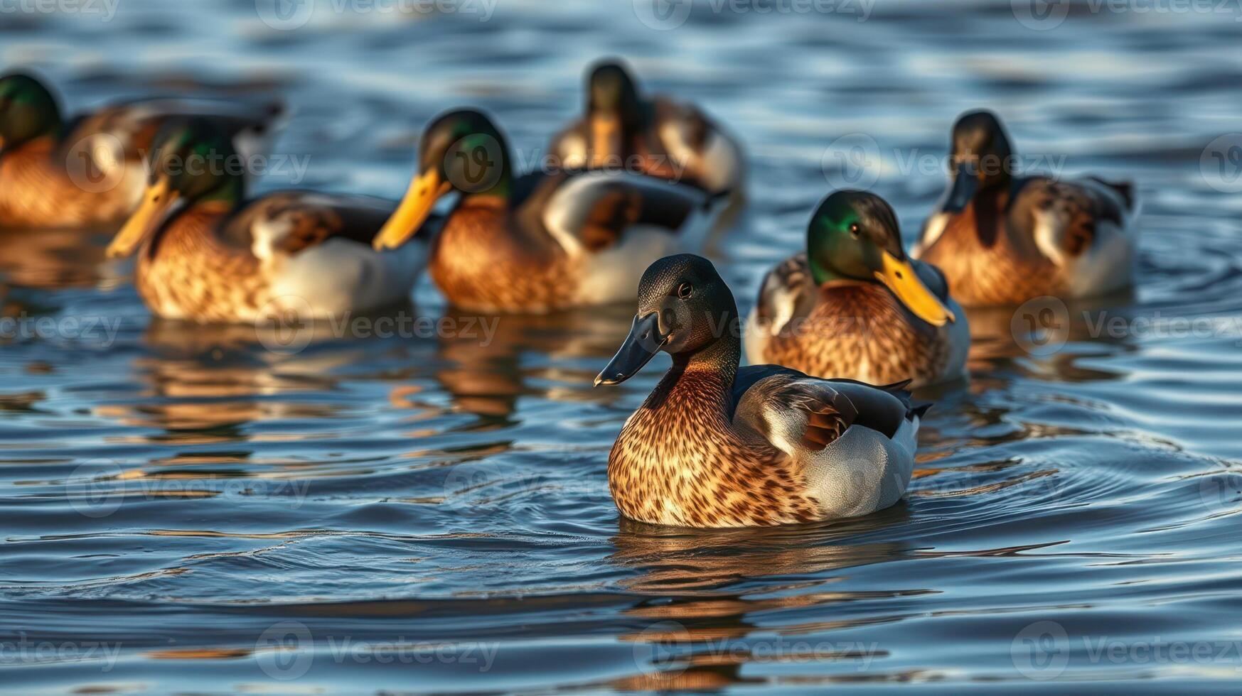 Group of mallard ducks swimming gracefully in a serene lake during golden hour at sunset photo