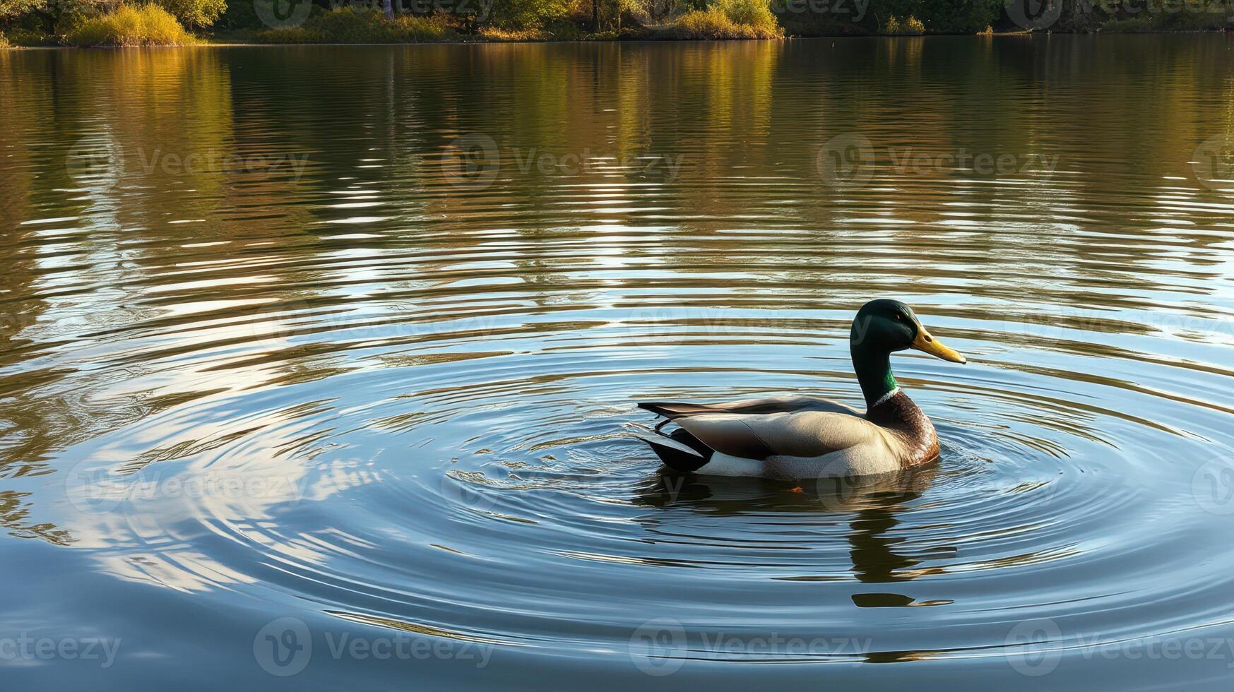 Gentle ripples surround a duck gliding across a serene lake during the golden hour of sunset photo