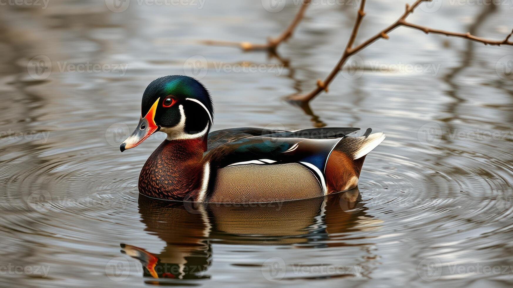 Colorful wood duck swimming gracefully in serene water surrounded by nature in the afternoon light photo