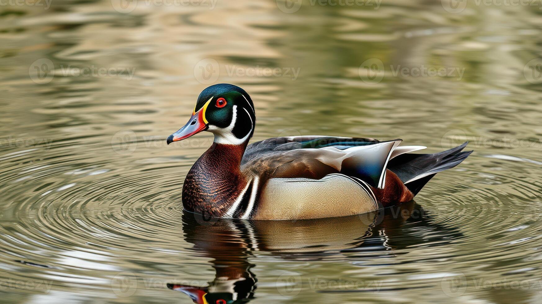 Colorful wood duck swimming gracefully in a serene pond during a sunny day photo