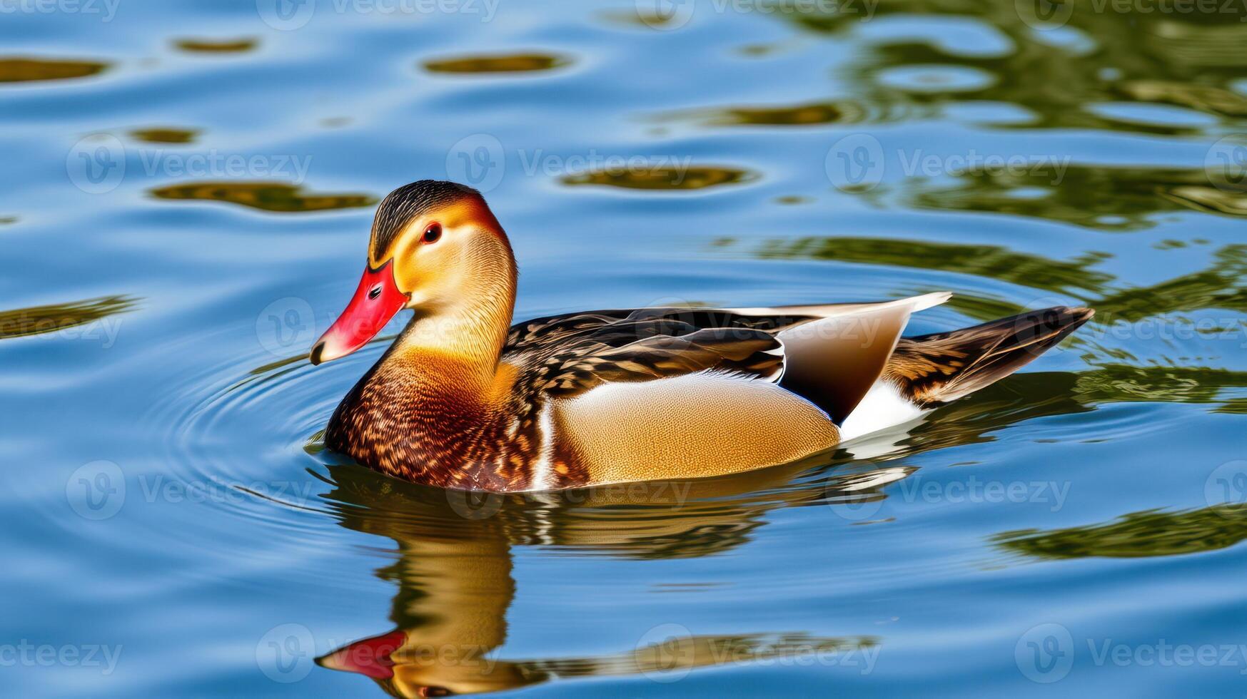 Beautiful duck swimming gracefully in a serene pond during a sunny day photo
