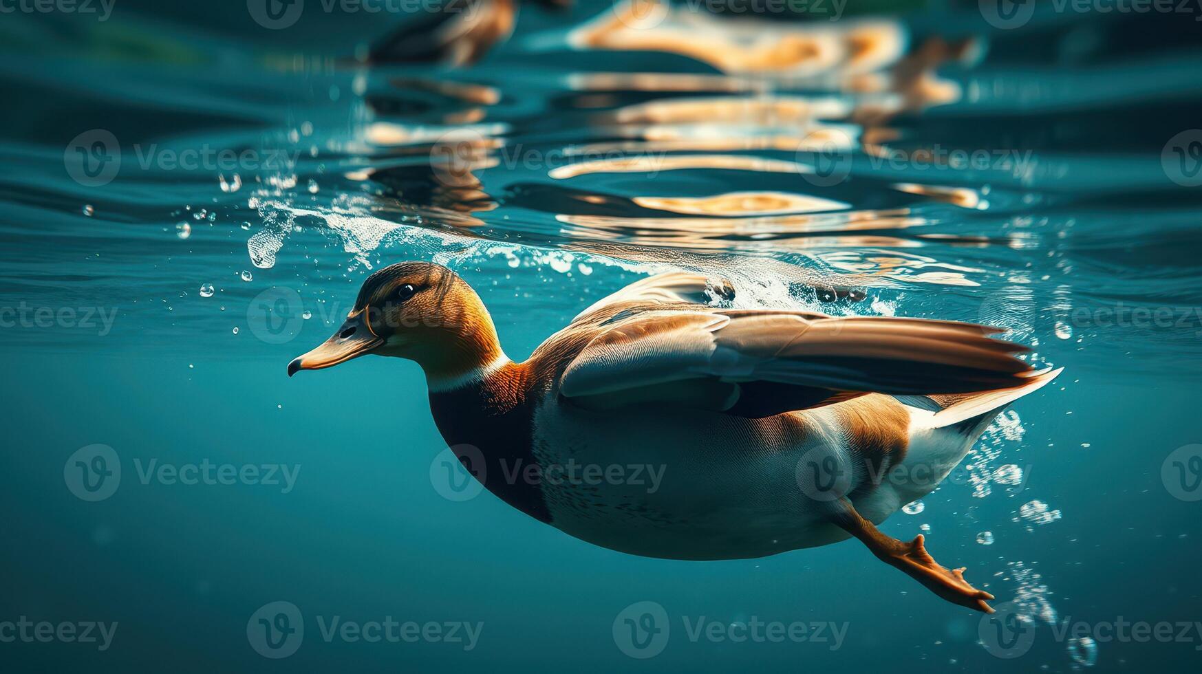 Duck swimming gracefully in clear water under bright sunlight during a tranquil afternoon photo