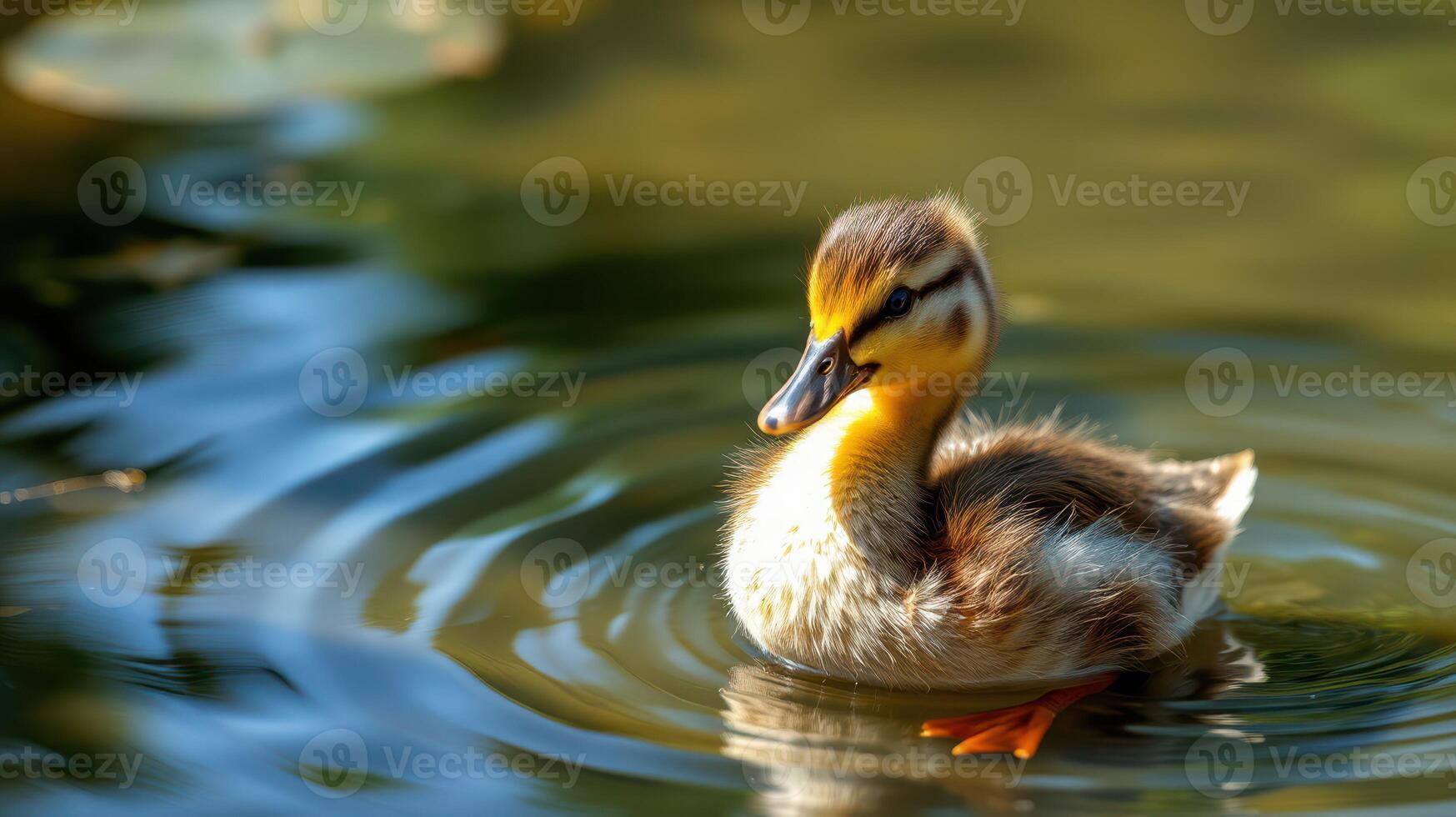 Duckling swims gracefully in a tranquil pond surrounded by rippling water and lush greenery during a sunny day photo
