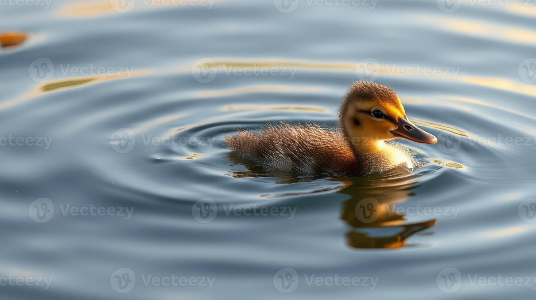 Duckling swims gracefully in calm water at sunset, creating gentle ripples and reflections photo