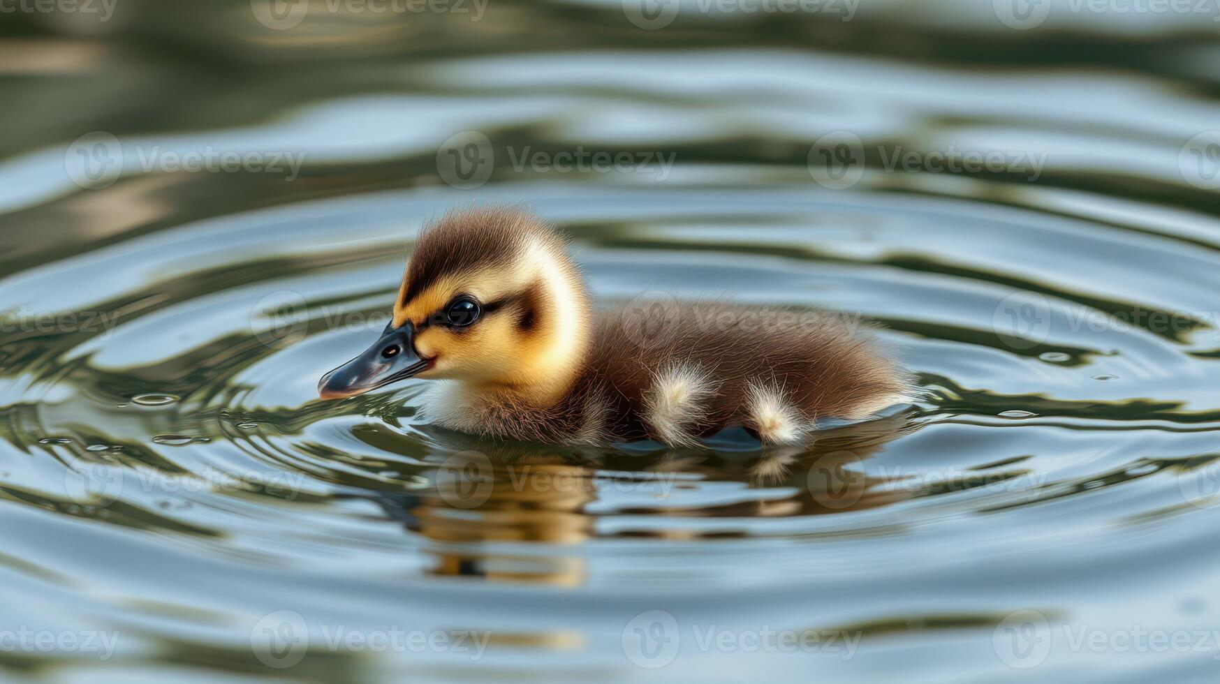 Cute duckling swimming in calm water surrounded by gentle ripples on a sunny day photo