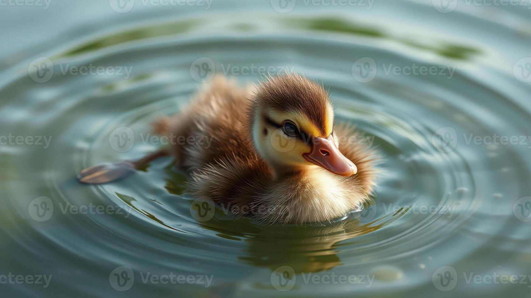 Duckling swims peacefully in tranquil water surrounded by gentle ripples at a serene pond during golden hour photo