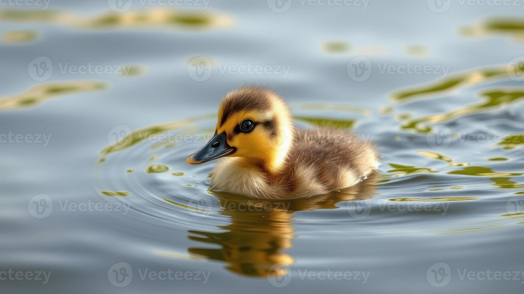 Duckling swims gracefully in calm water surrounded by ripples and reflections in the serene afternoon light photo