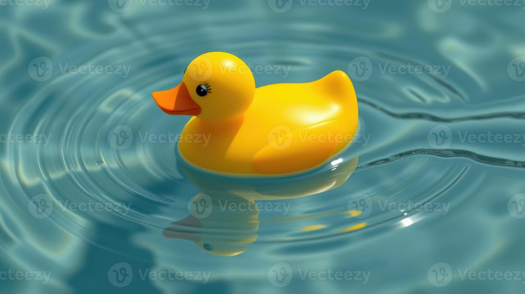 Yellow rubber duck floating on water creating gentle ripples in a tranquil setting photo