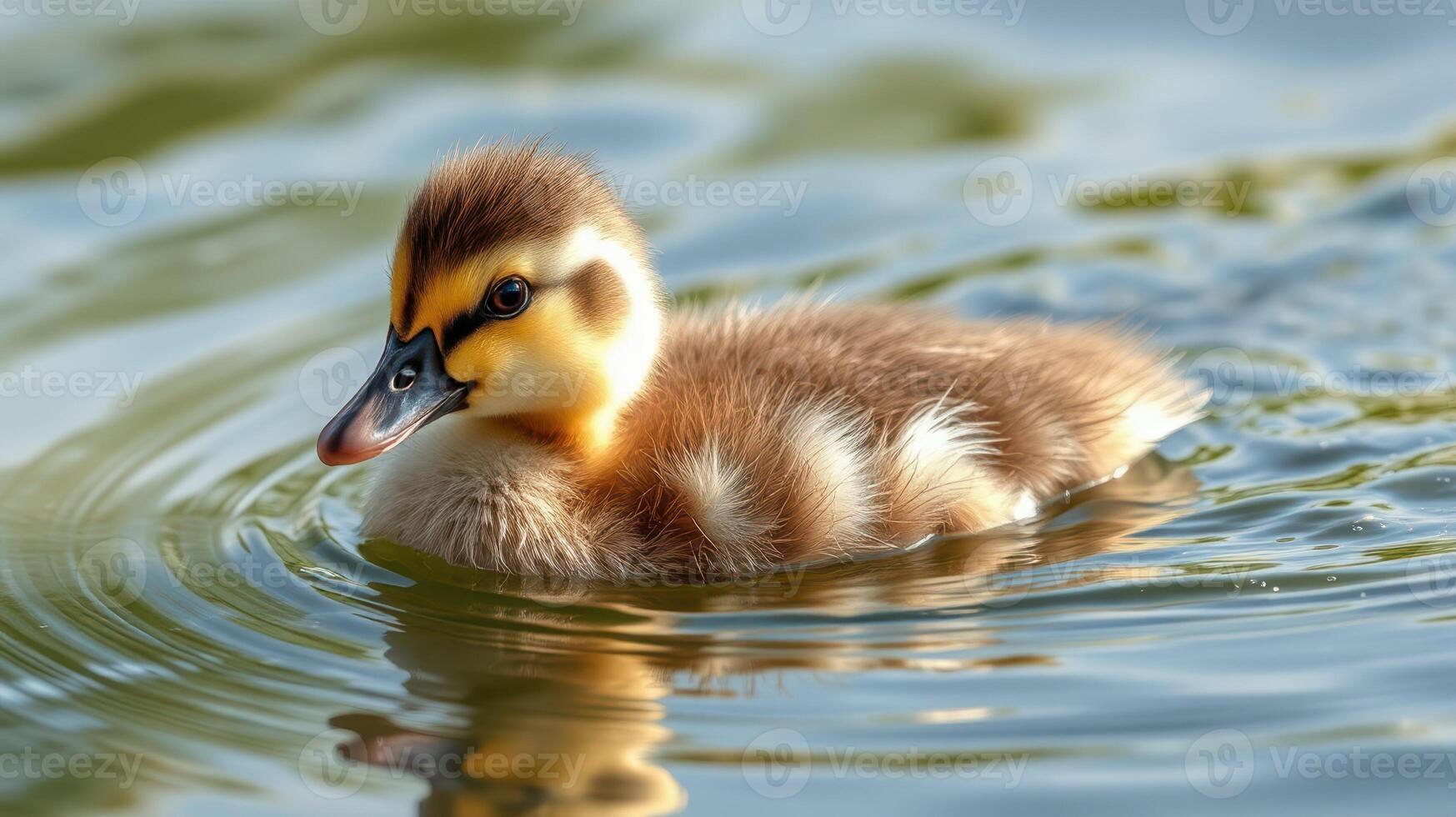 Duckling swims in tranquil water during a sunny afternoon at a serene lake photo