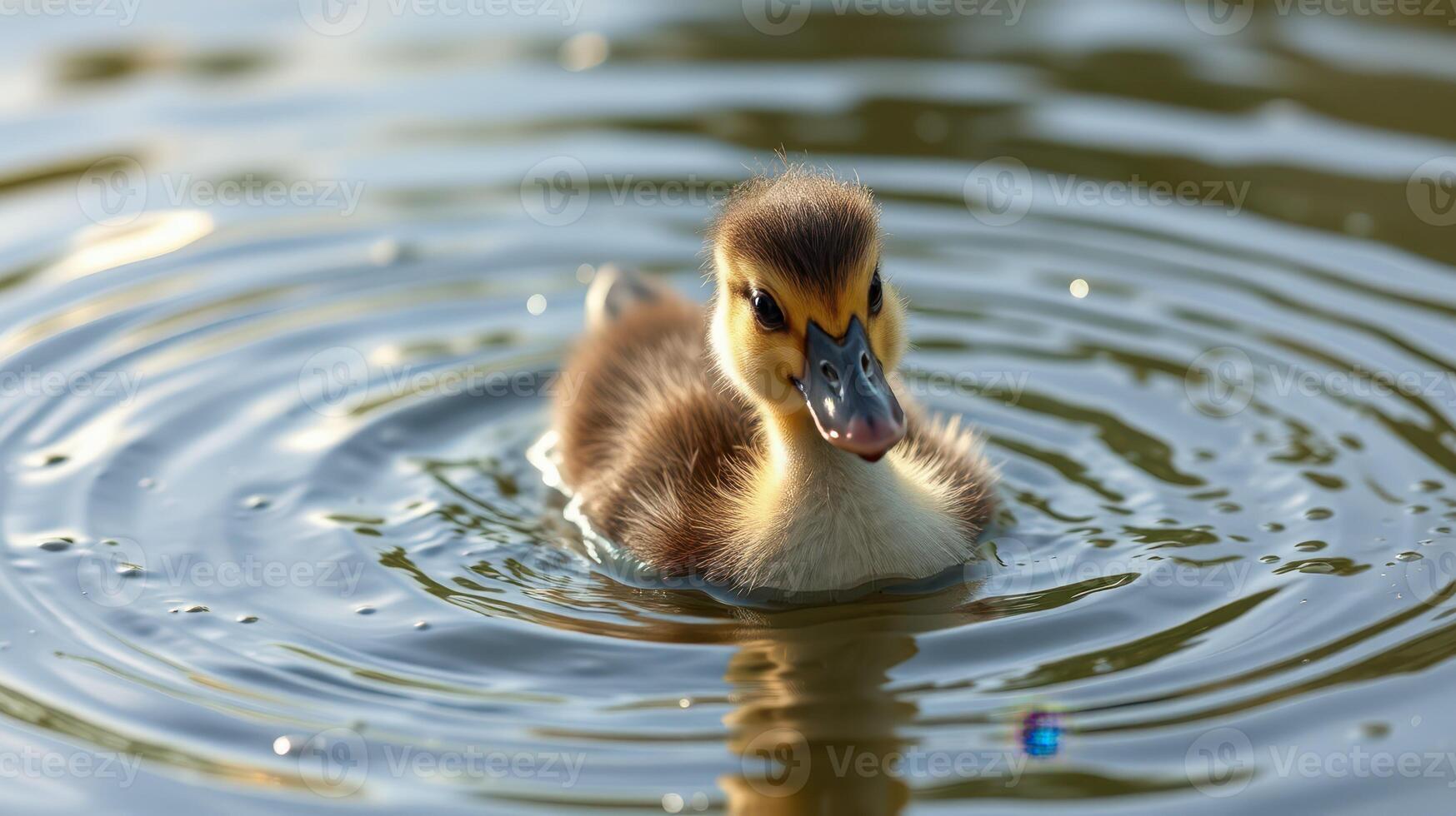 Duckling swims gracefully in calm water amidst rippling reflections during a sunny day in a serene environment photo