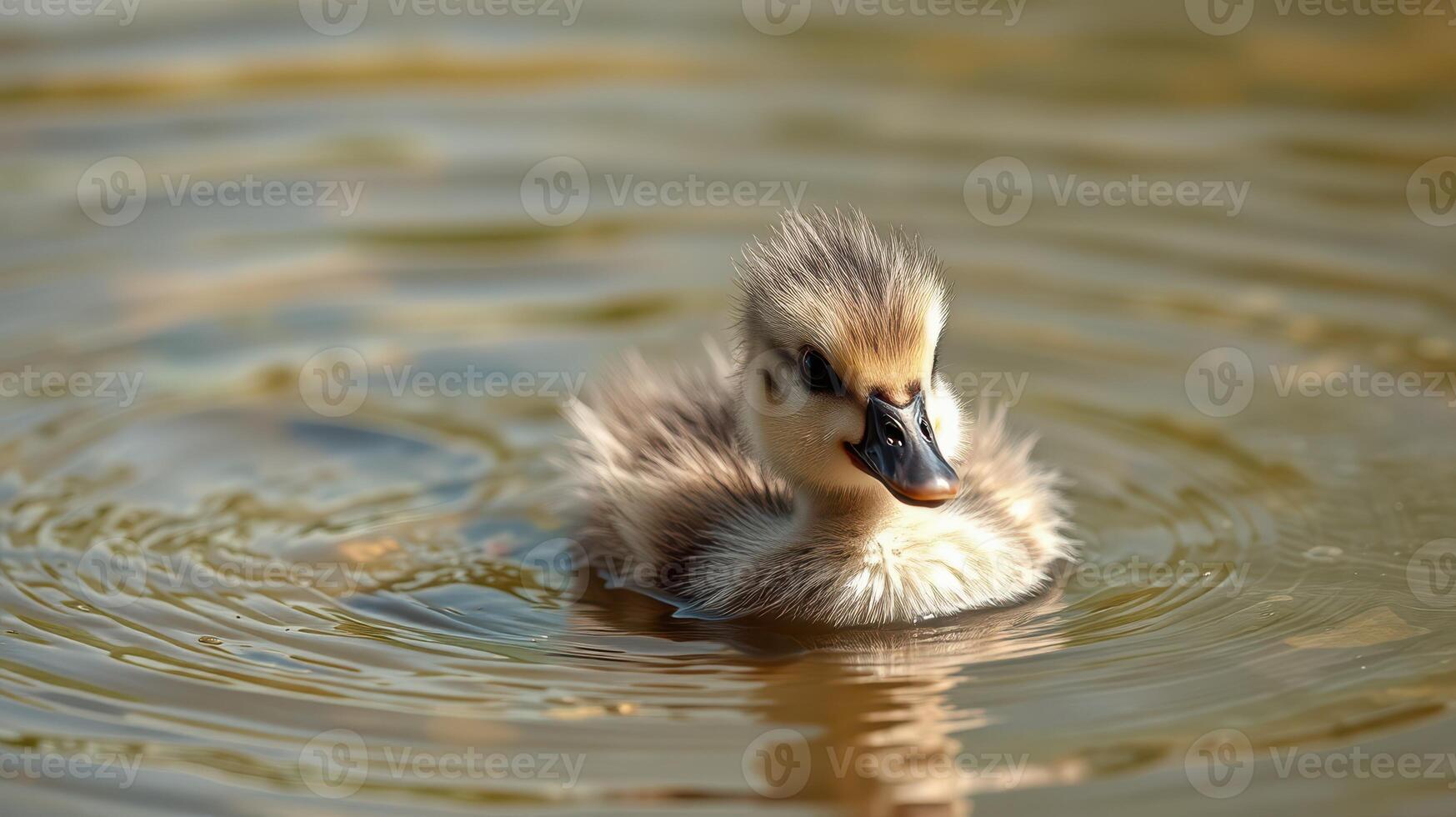 Duckling floats gently on serene water with ripples surrounding its soft feathers during a sunny day in nature photo