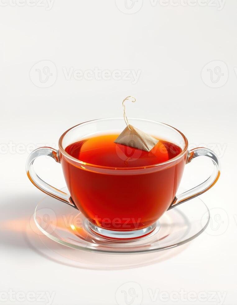 Hot tea in a clear cup with a tea bag resting on the rim during a cozy afternoon setting photo