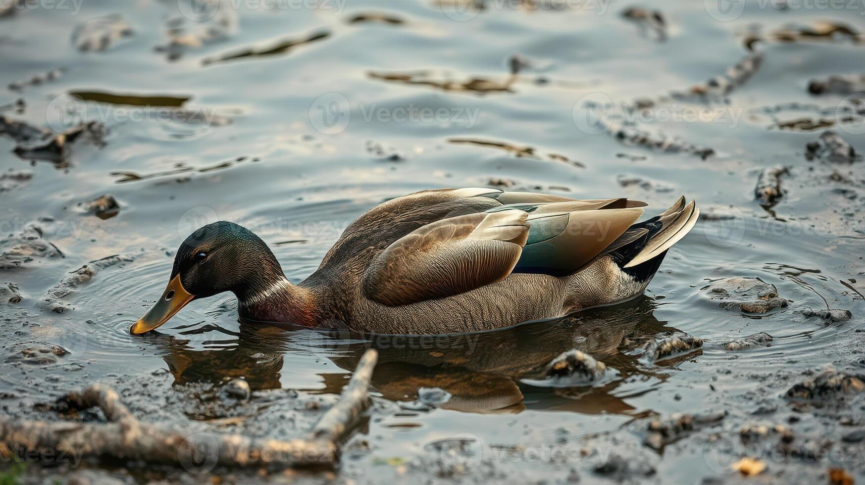 Duck swimming in murky water among debris at a quiet wetlands area during the afternoon hours photo