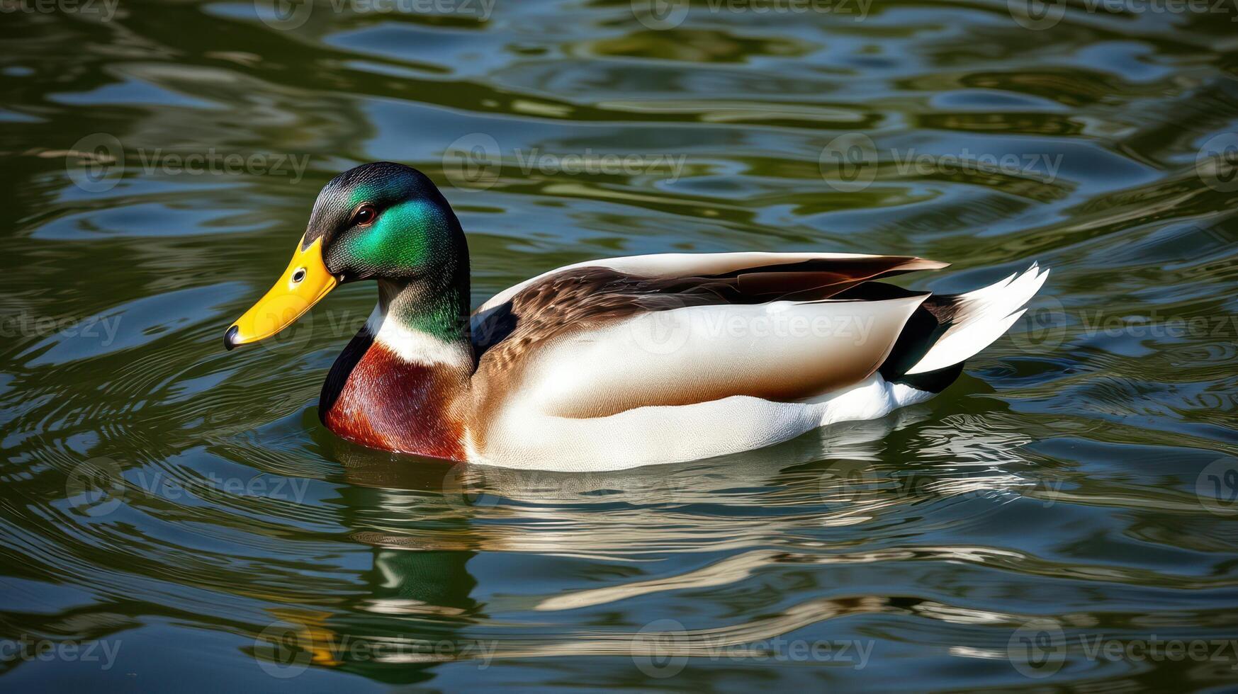 Male mallard duck swimming in a serene pond surrounded by lush greenery during a sunny day photo
