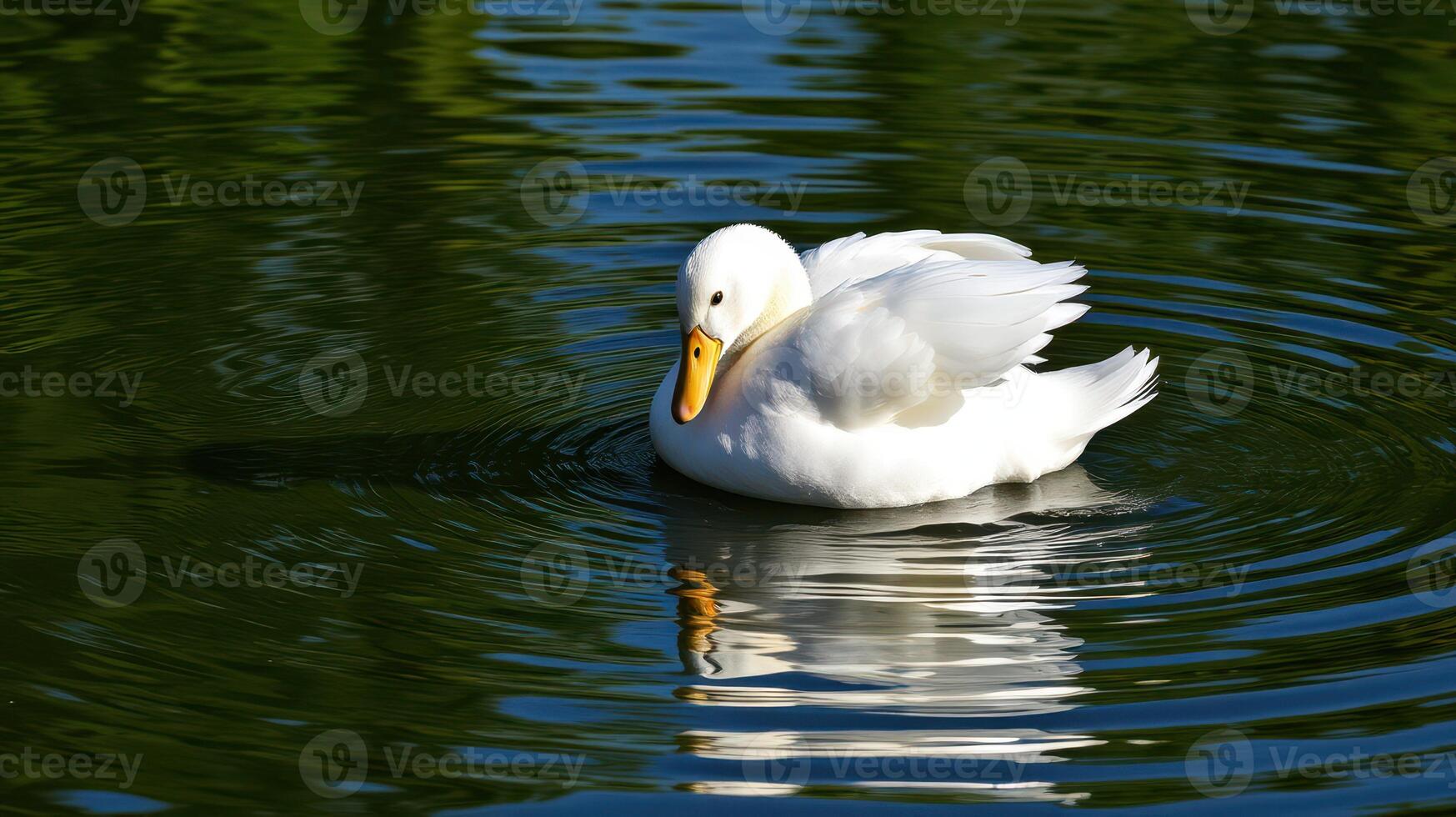 White duck swimming gracefully in a calm lake during sunny daylight hours photo