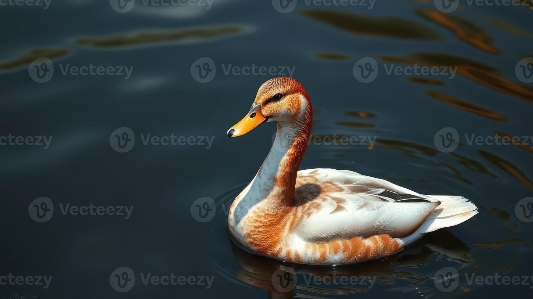Colorful duck swims gracefully in calm water reflecting soft light during early morning hours photo