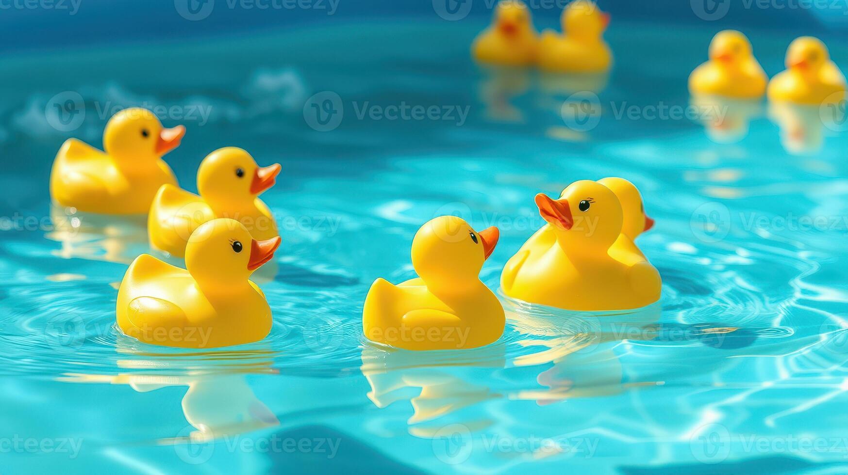 Colorful rubber ducks float joyfully in a clear blue pool under the warm sunlight on a bright summer day photo