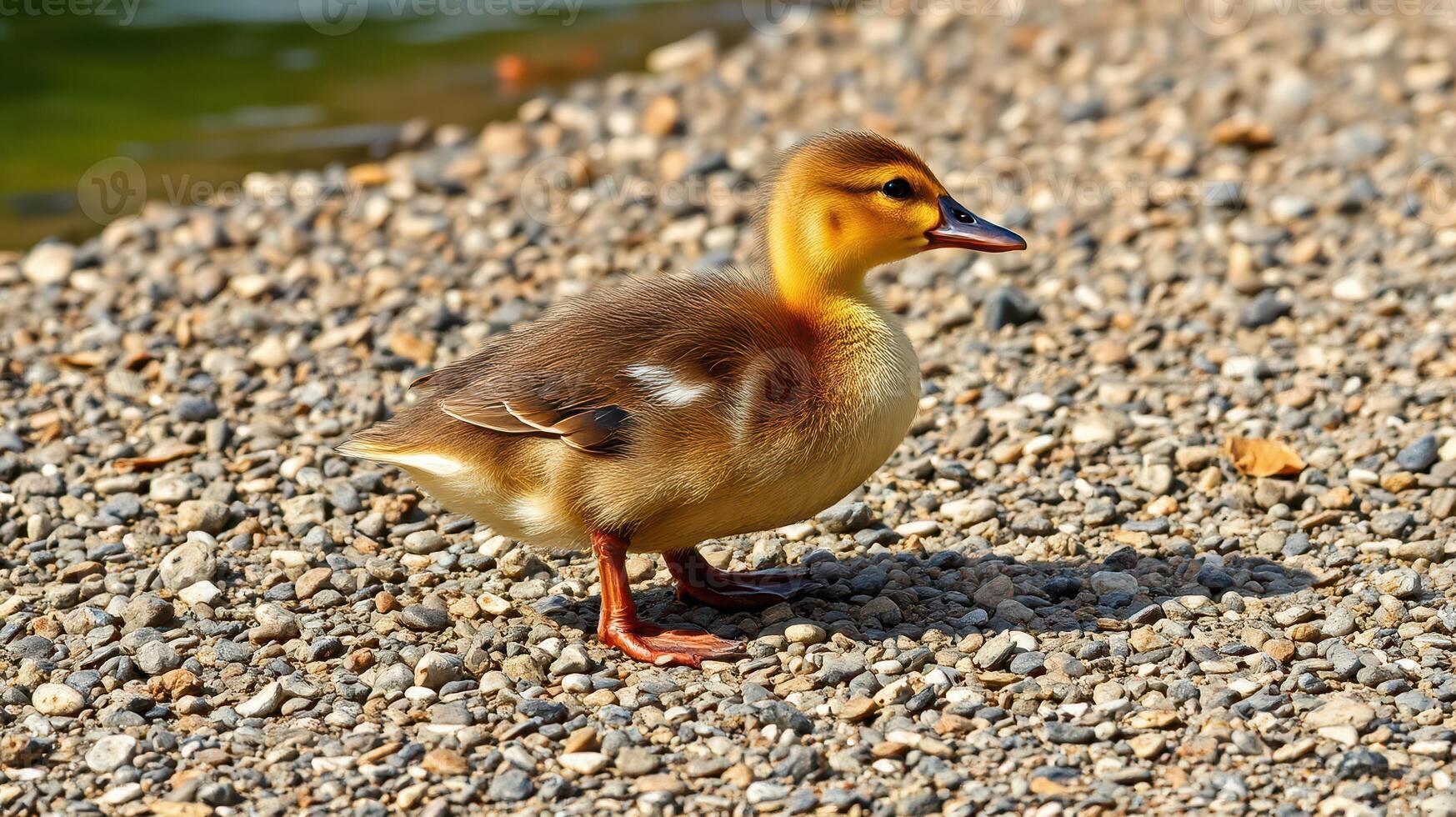 Cute duckling walking along the pebbled shore of a peaceful pond in bright sunlight during spring photo