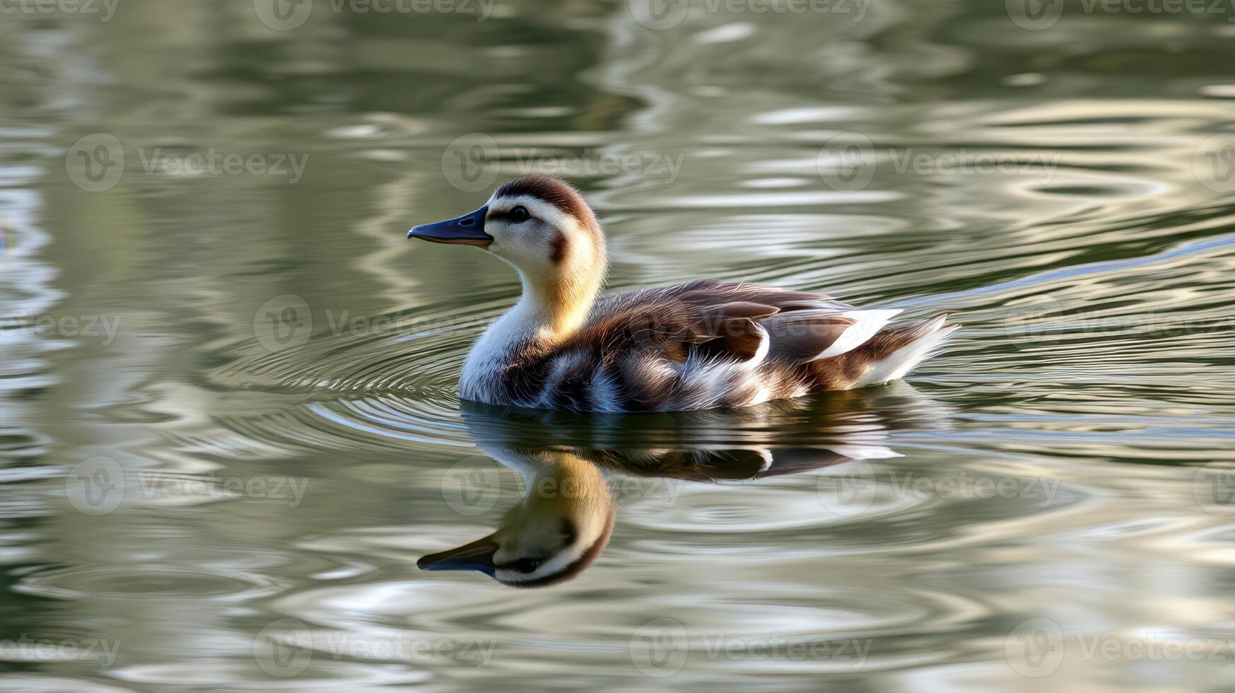 Duck glides smoothly across a calm lake reflecting beautiful patterns on the water surface photo