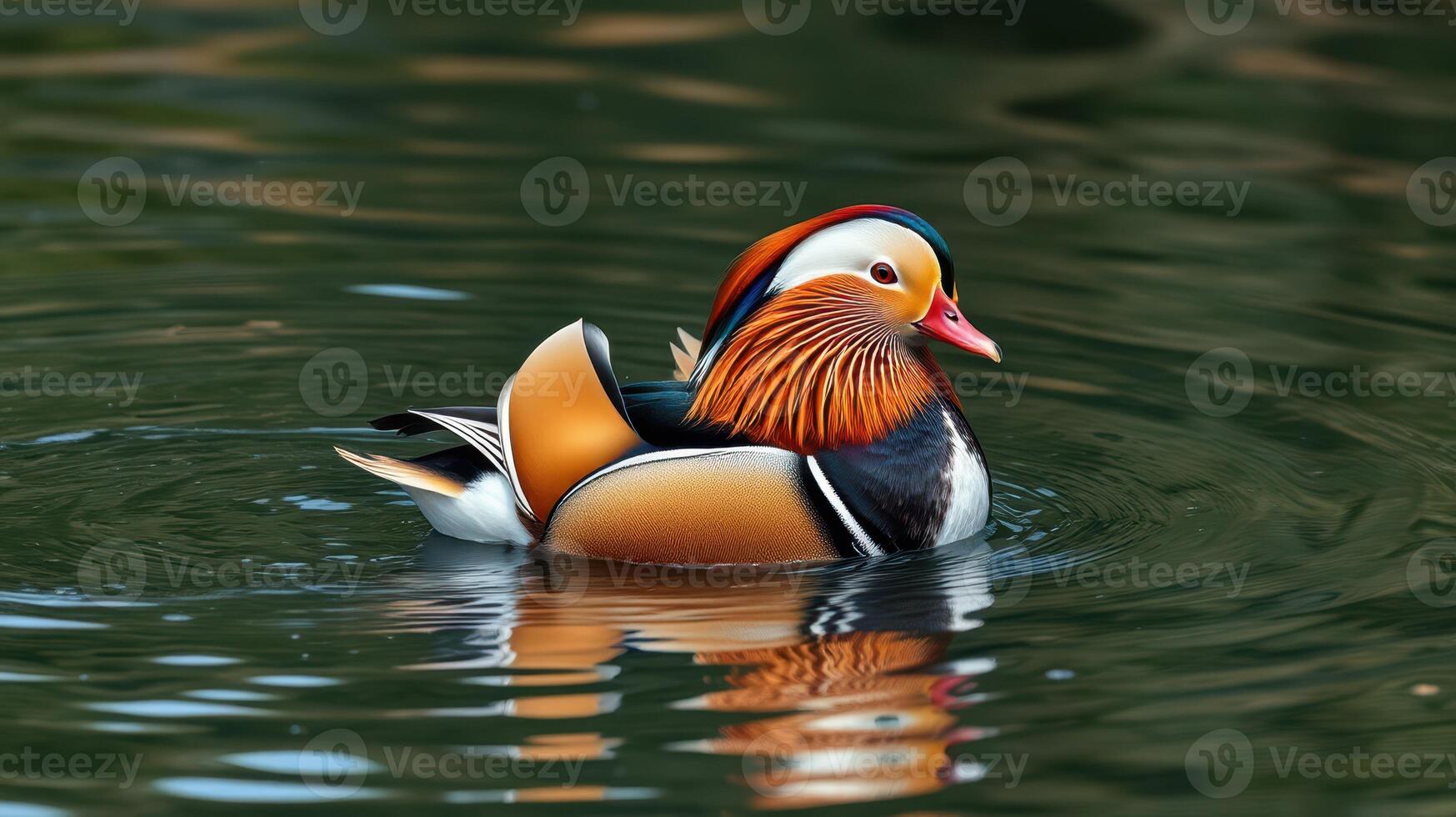 Colorful mandarin duck swimming in tranquil water during a sunny day photo
