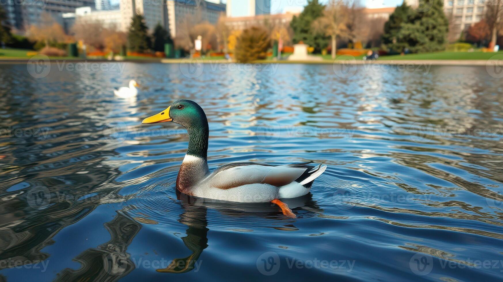 Colorful duck swimming in a park lake surrounded by trees and modern buildings during daylight hours photo