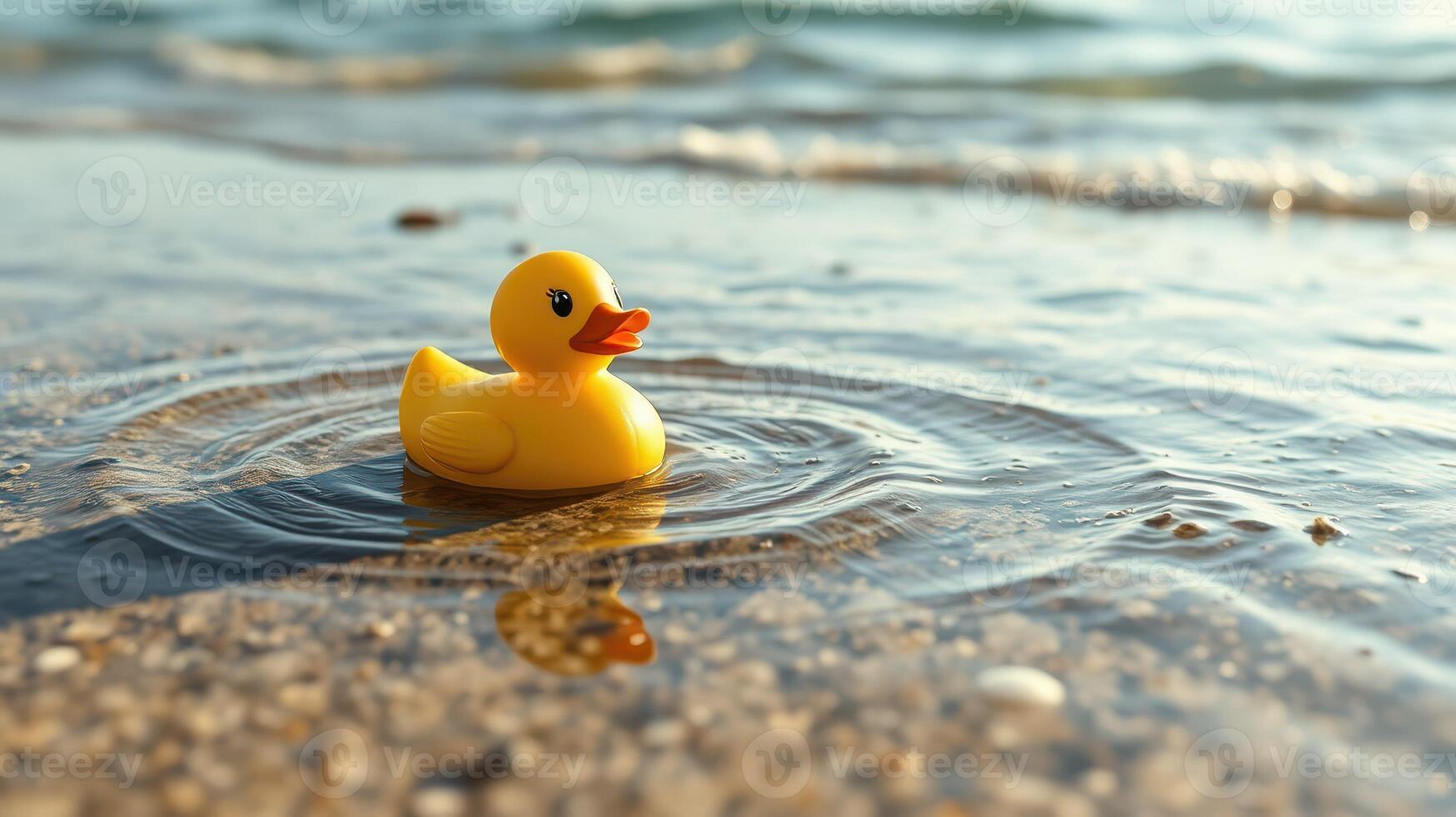Bright yellow rubber duck floats peacefully in gentle waves on a sandy beach during a sunny day photo