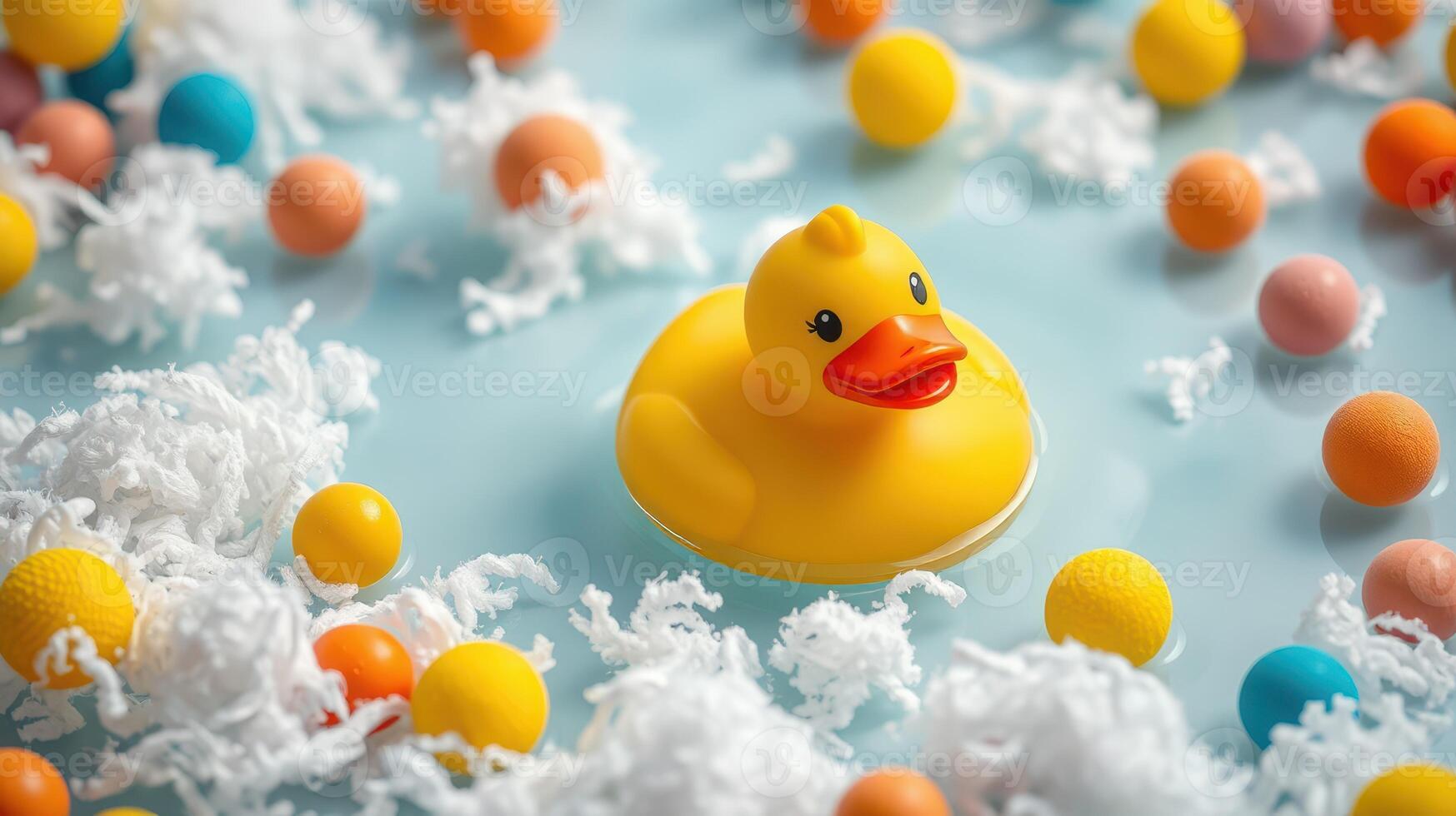 Brightly colored rubber duck floating in a playful arrangement of foam and candy-like balls on a light blue background photo