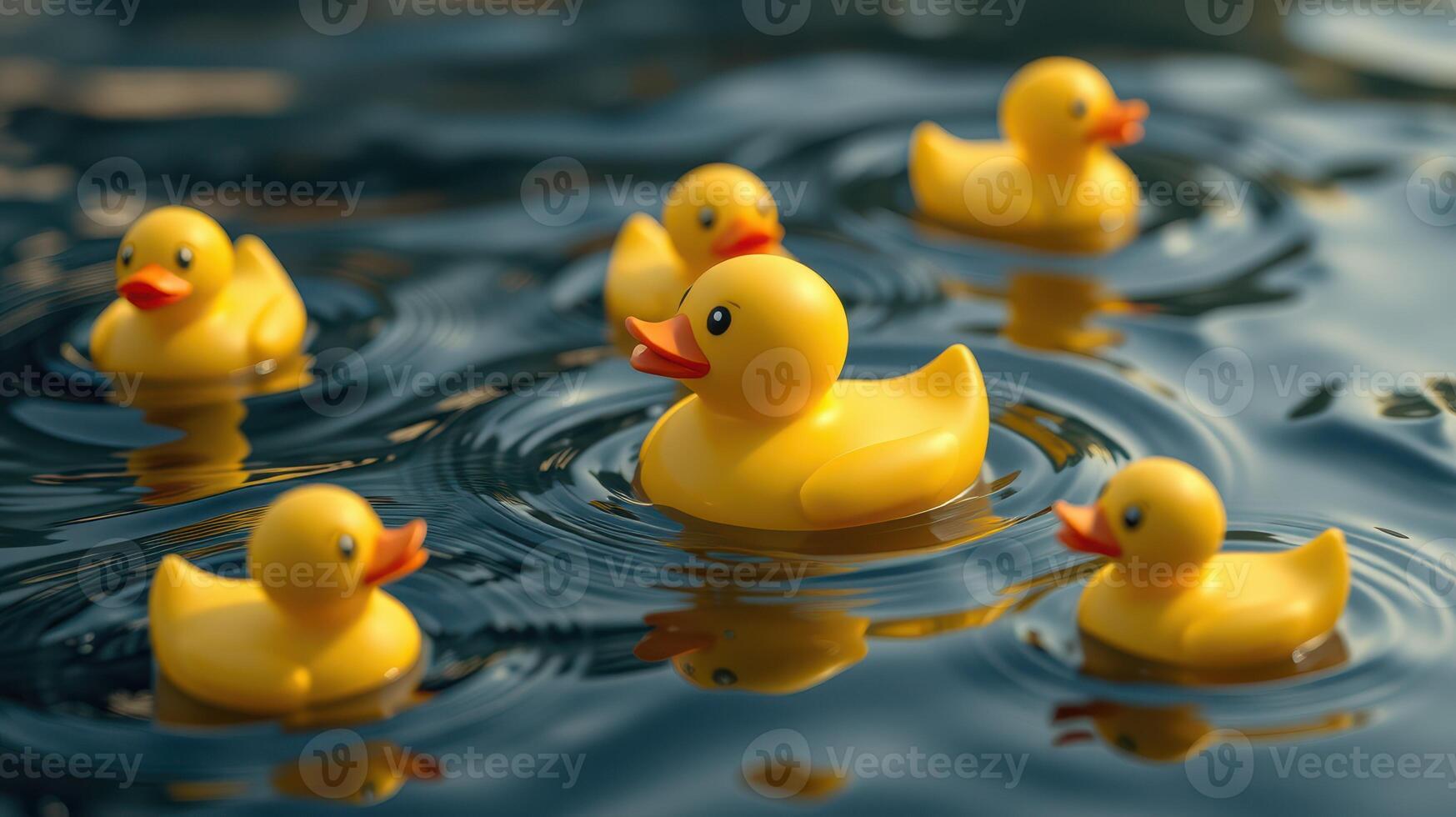 Colorful rubber ducks float in calm water creating a playful atmosphere in an outdoor setting during daylight photo