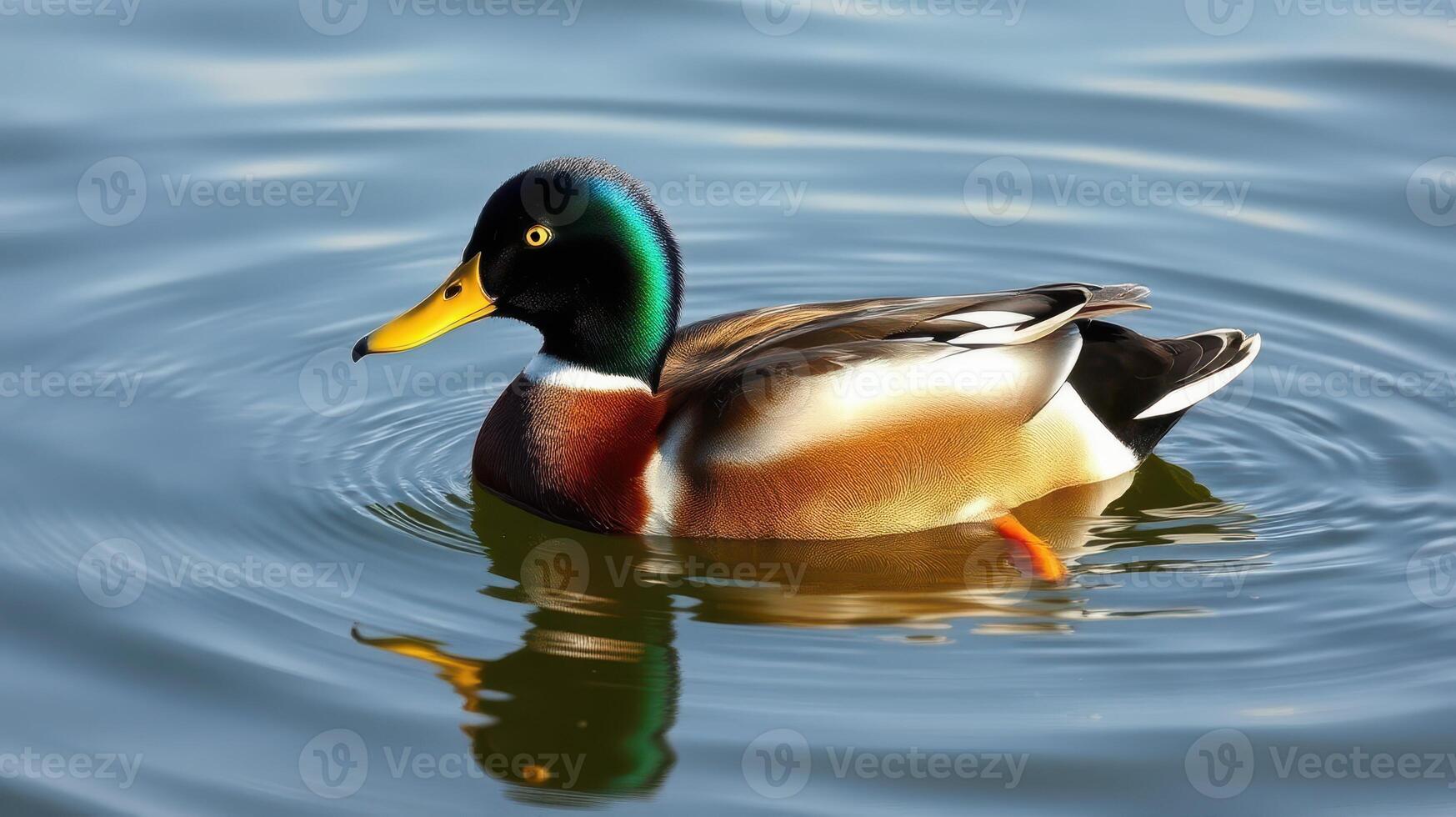 Colorful mallard duck swimming gently on a serene lake during a sunny day photo