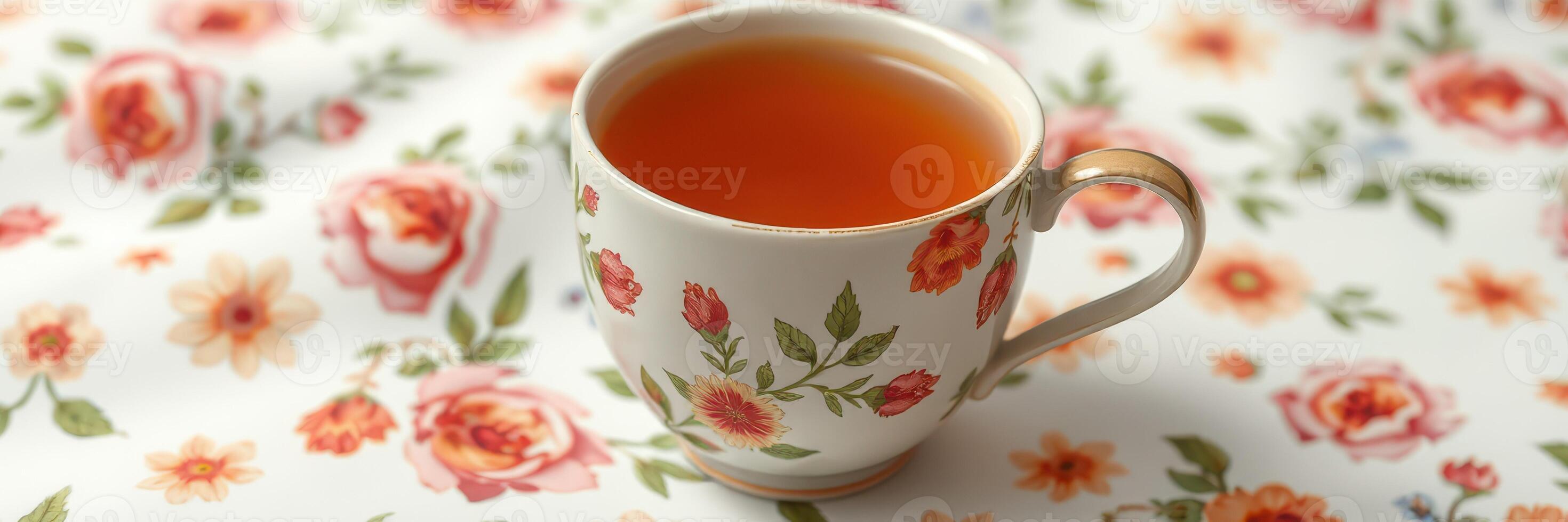 Delicate floral cup filled with tea resting on a patterned tablecloth photo