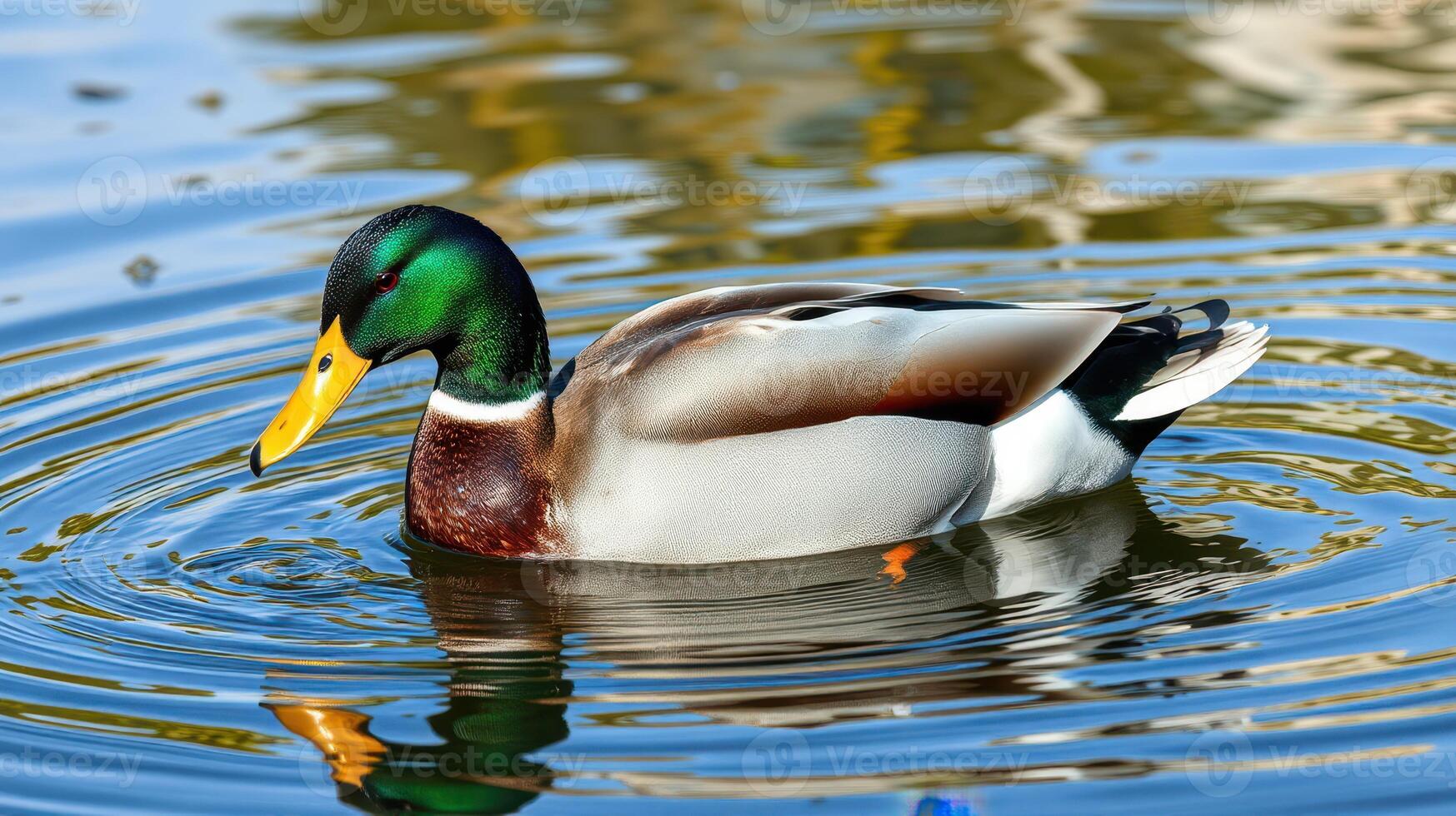 Mallard duck swimming in a serene pond with rippling water reflecting natural surroundings photo
