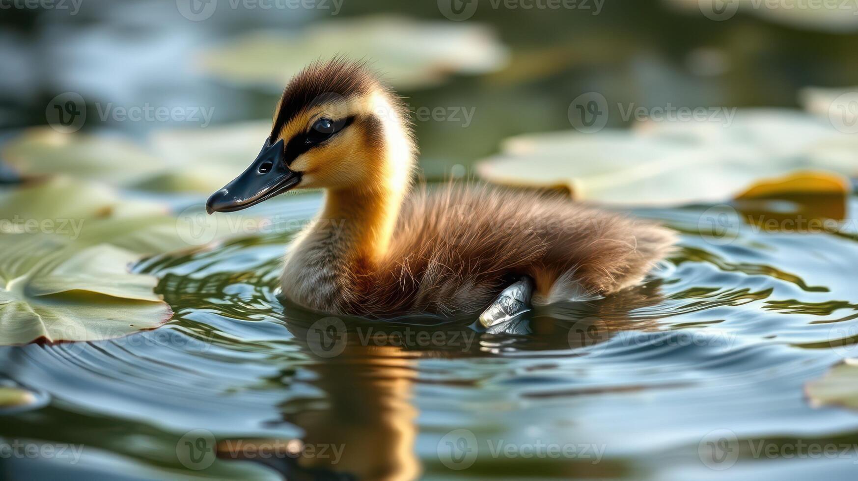 Cute duckling swims peacefully among lily pads in a serene pond during the summer afternoon photo