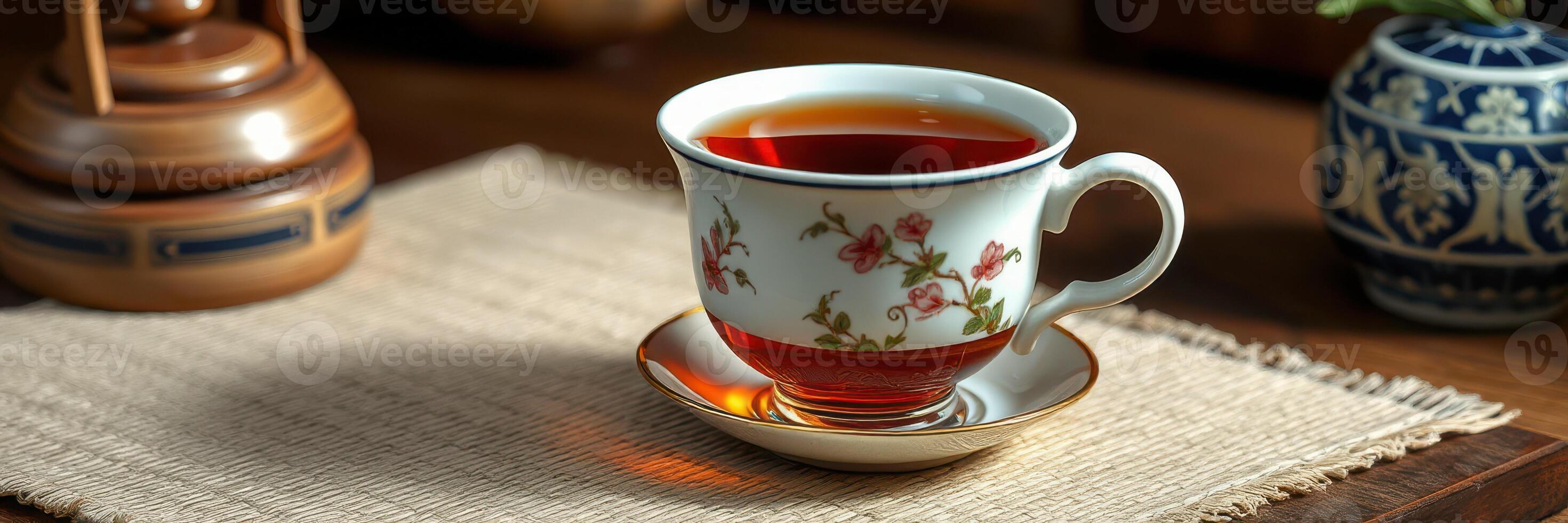 Elegant tea cup filled with rich tea resting on a textured mat surrounded by traditional decor photo