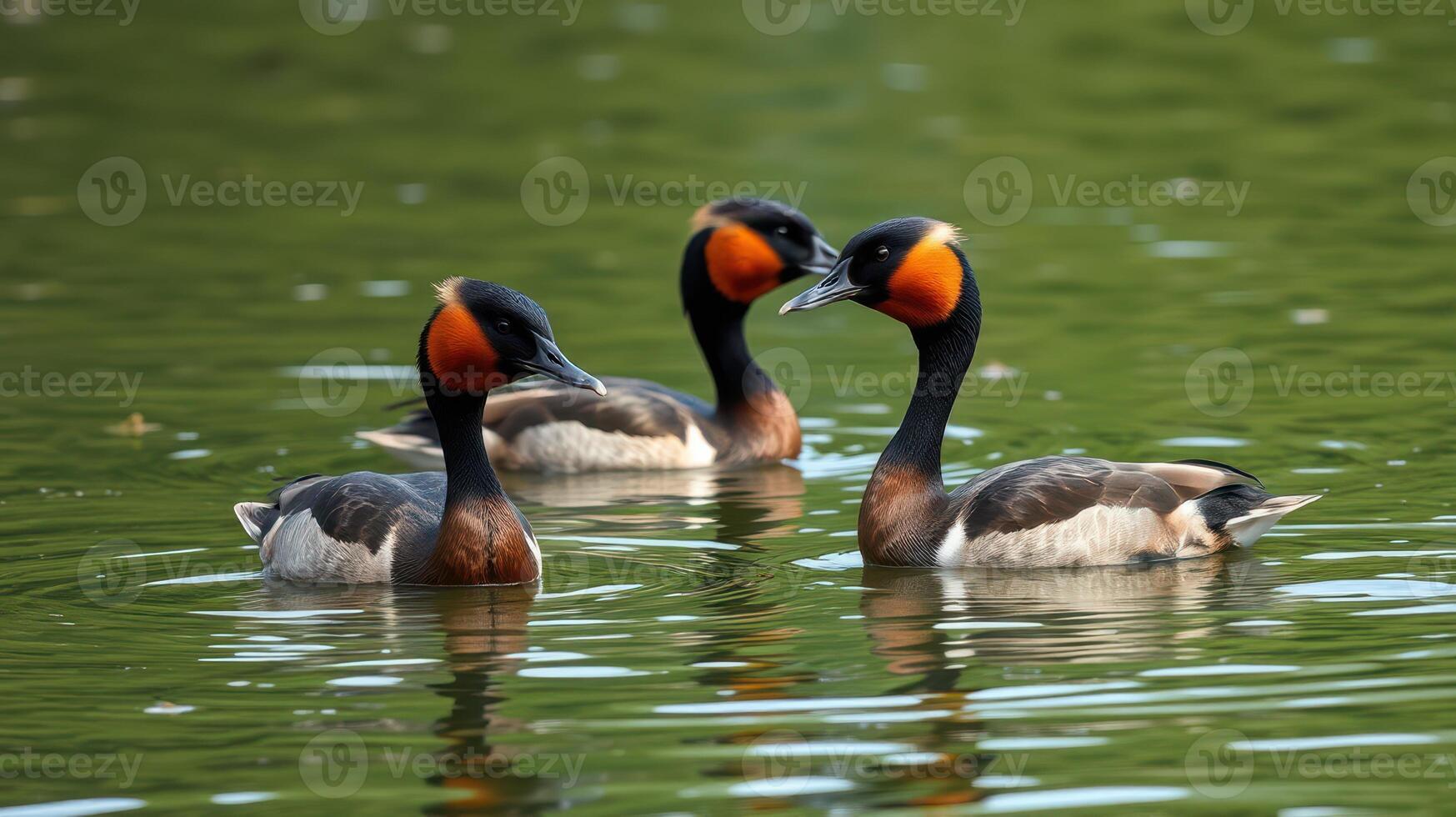 Group of three colorful birds swimming in a serene pond setting during daylight photo