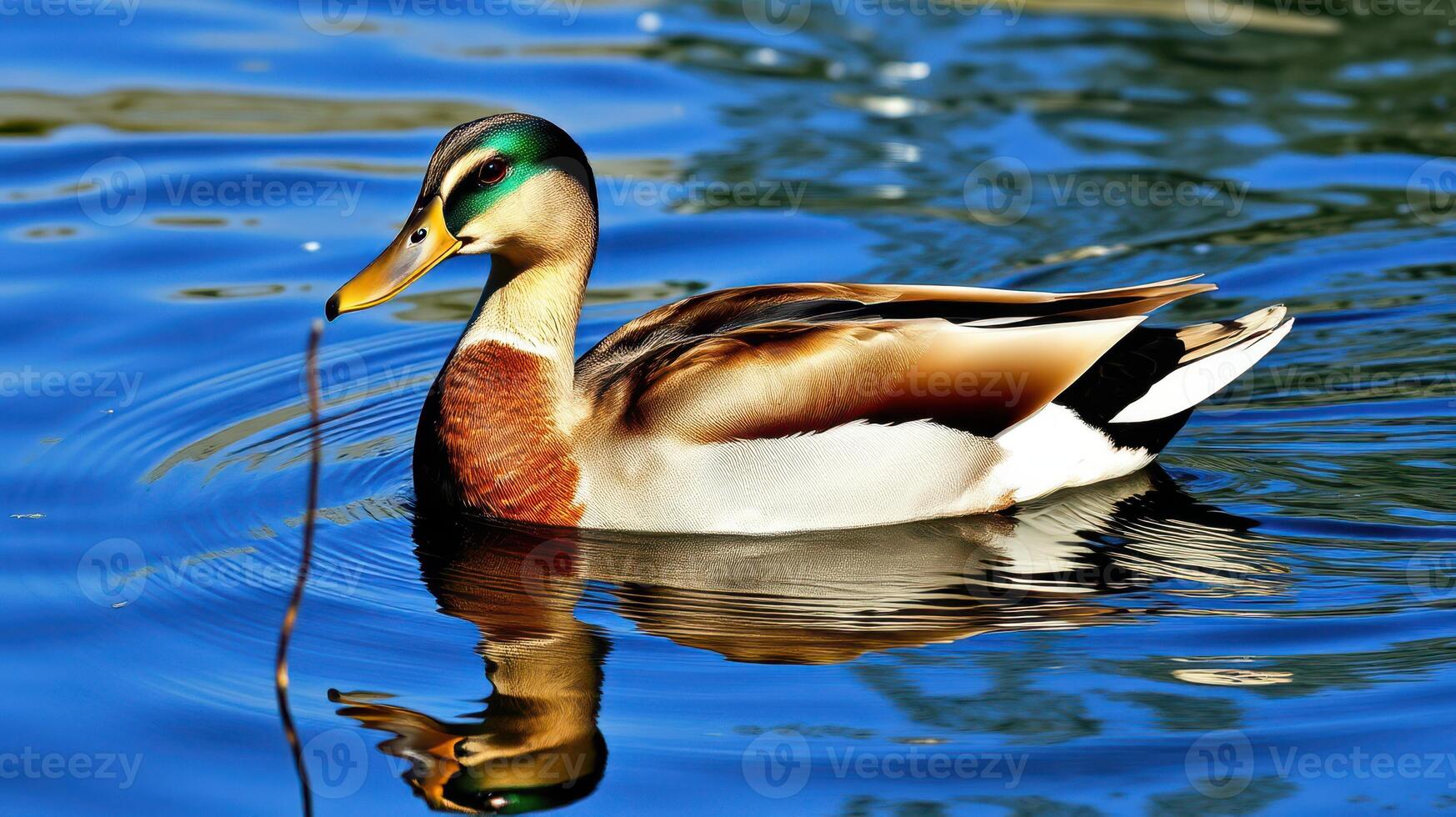 Colorful mallard duck swimming calmly in the serene water under bright sunlight in a natural setting photo
