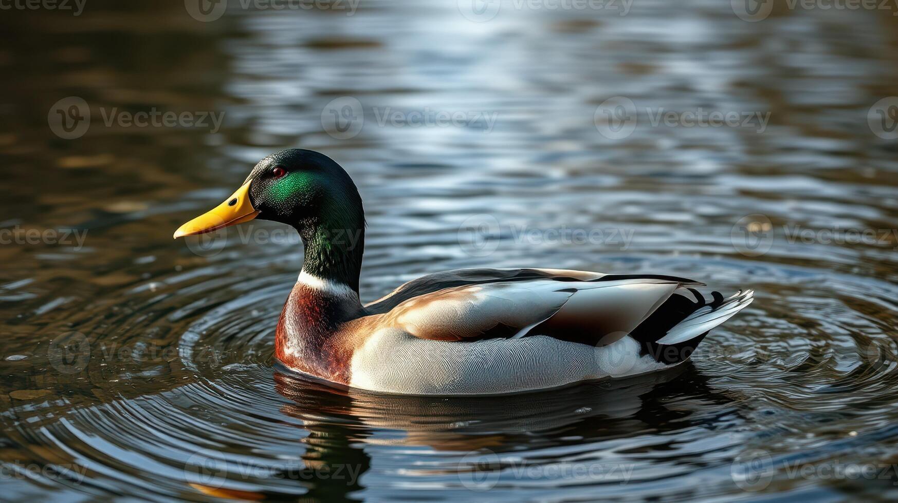 Colorful male mallard duck swimming in calm waters surrounded by nature during a sunny day photo