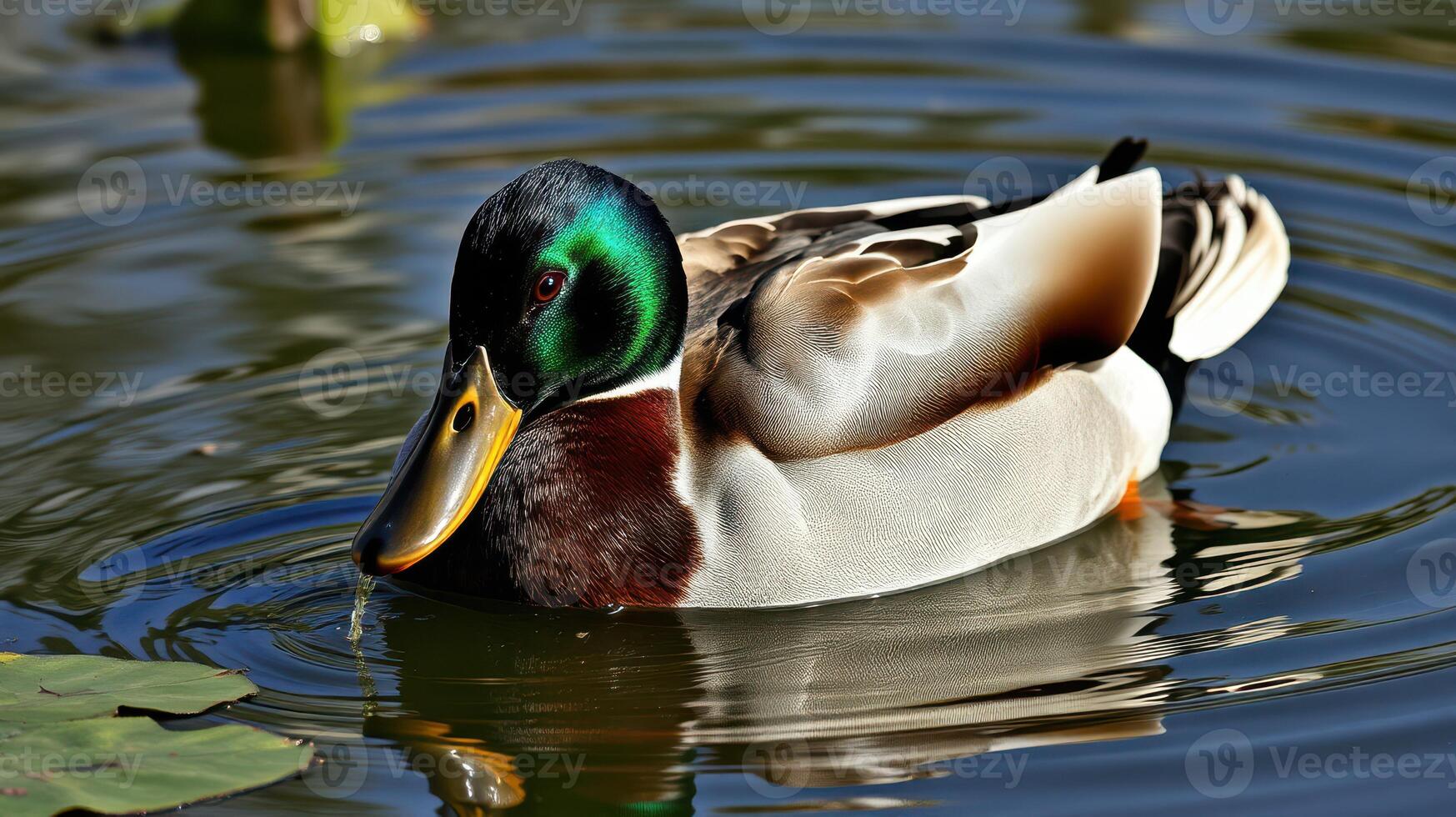 Male mallard duck swimming in a calm pond surrounded by greenery during a sunny day photo