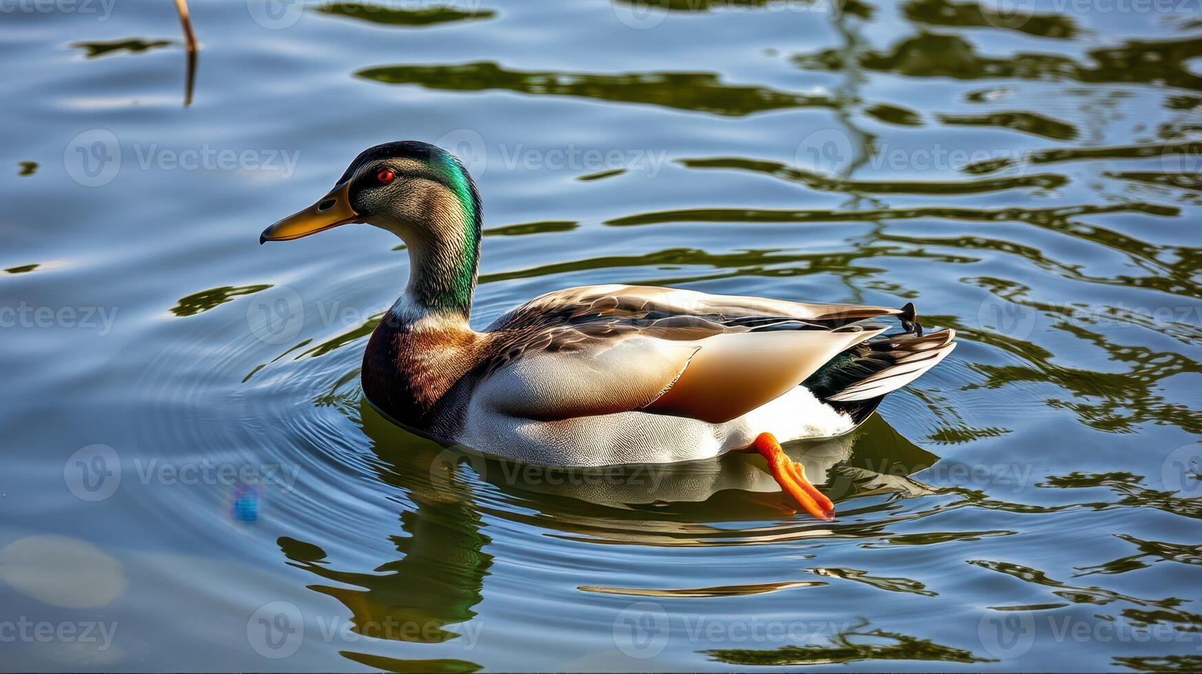 Mallard duck swims calmly in a serene pond during daylight hours in a tranquil natural setting photo