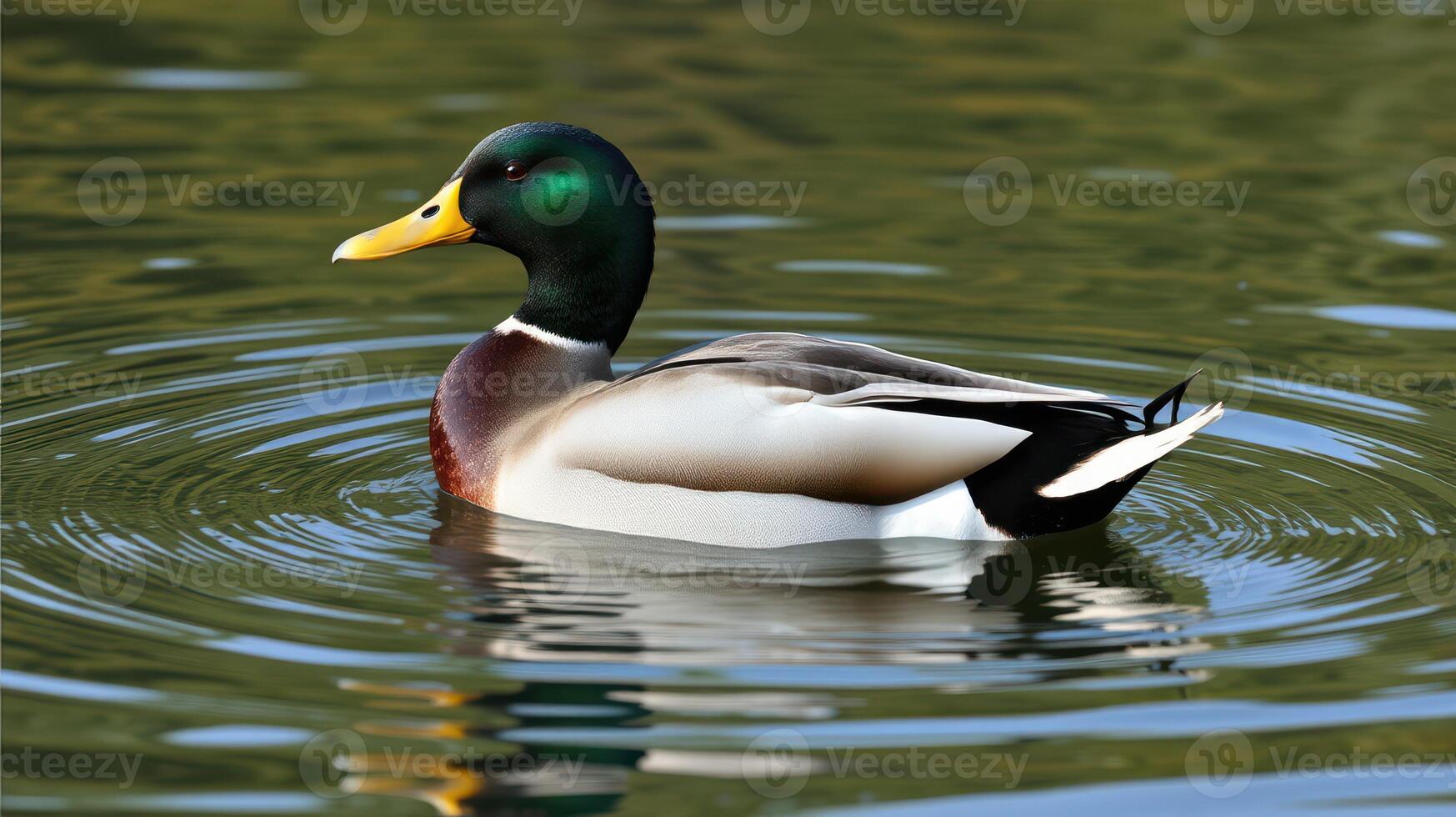 Mallard duck swimming gracefully on a calm lake during daylight hours in a serene natural setting photo