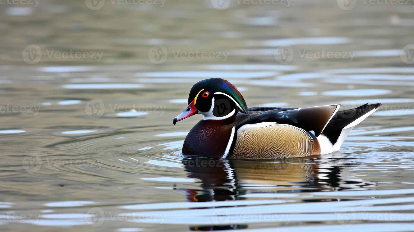Colorful wood duck swimming gracefully in a calm pond during a sunny day photo