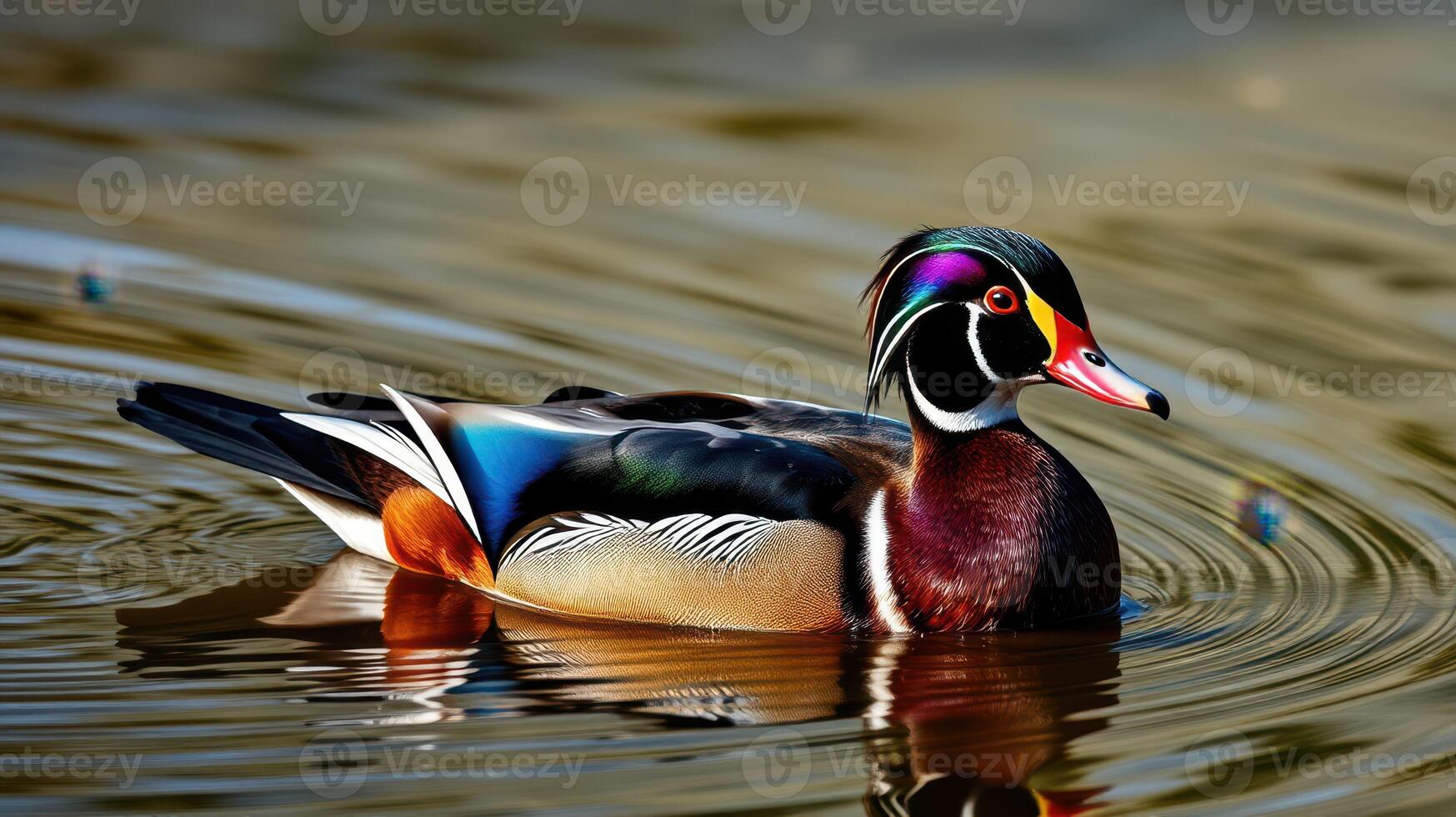 Colorful wood duck swimming in serene water during golden hour at a natural reserve photo